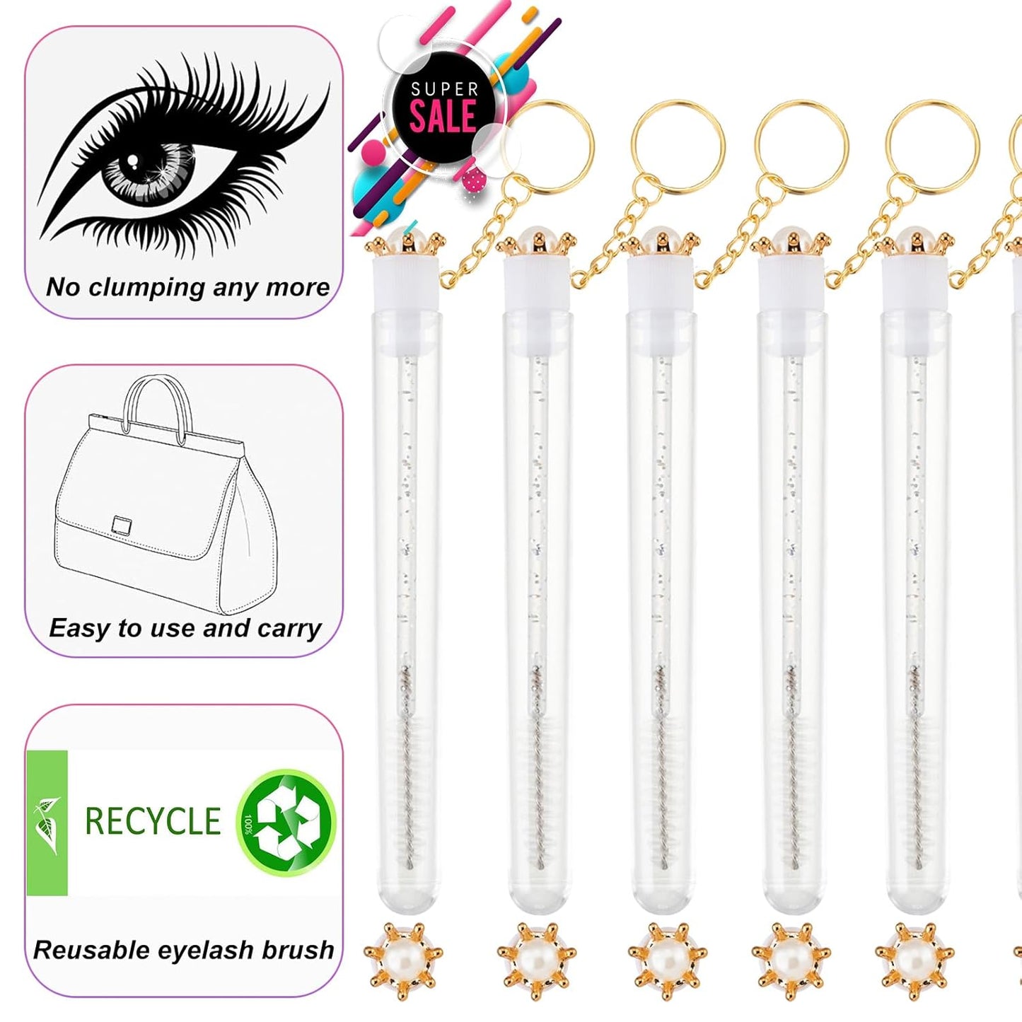 Upgrade 48 Pieces Disposable Mascara Wands Set,Include 24 Pcs Crystal Lash Spoolies Brush and 24 Pcs Reusable Keychain Empty Eyelash Brush Tubes