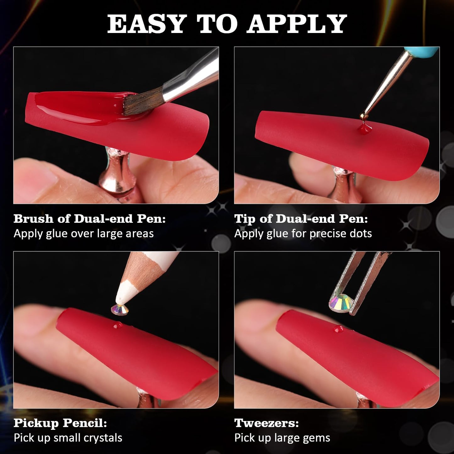 Rhinestones for Nails, Manicure Kit with Rhinestone Glue Gel, Multi Shapes Dark Blue Glass 3D Nail Charms + Flatback 2-5mm Round Beads & Gem Glue (UV/LED Needed) with Dotting Tools