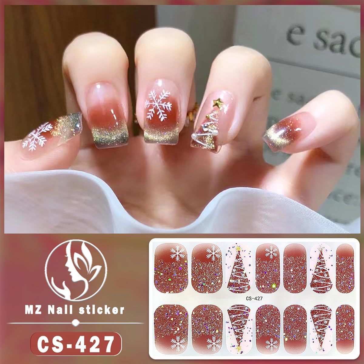 6 Sheets Christmas Nail Wraps Stickers 3D White Snowflake Nail Polish Strips Self-Adhesive Winter Holiday Full Wraps with Xmas Trees Santa Reindeer Gel Nail Stickers for Women Girls Acrylic Nails DIY