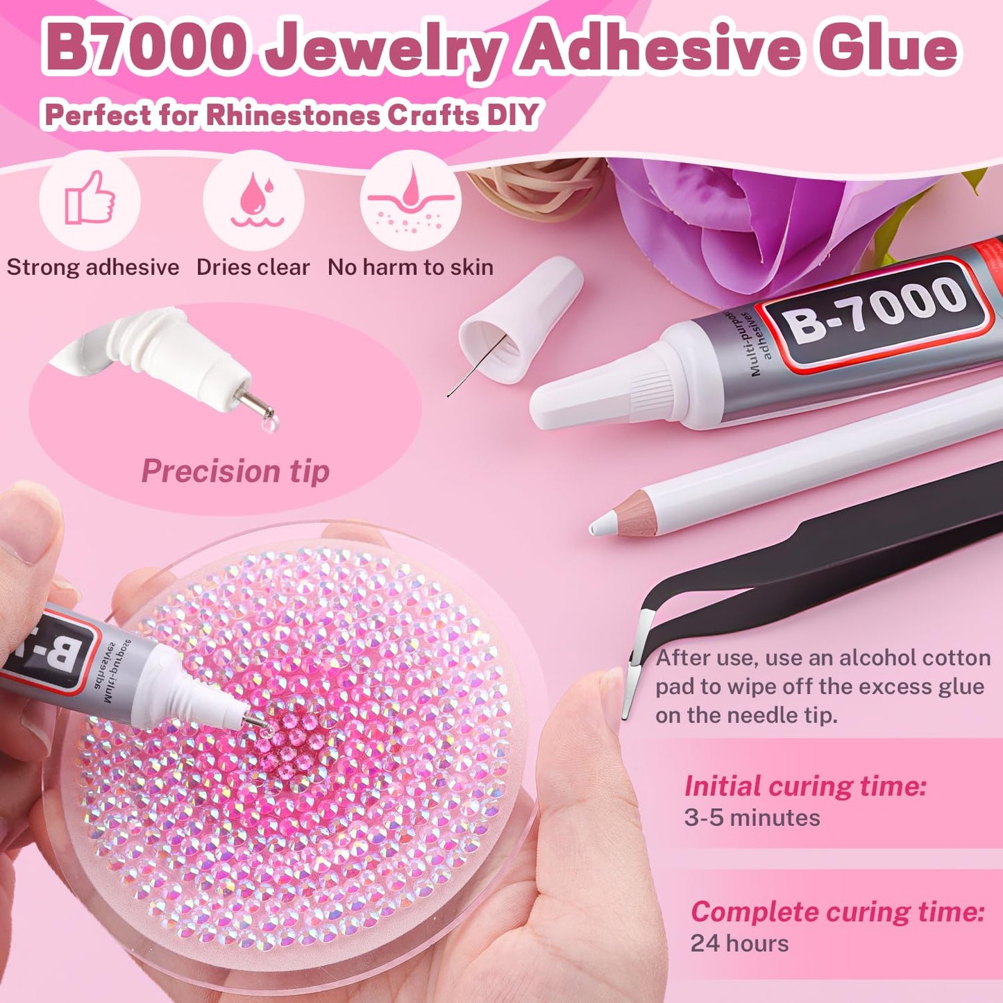 20000Pcs Pink Rhinestones for Bedazzling with 3Pcs B7000 Jewelry Glue, Resin Rhinestones for Crafting Crafts，Bedazzler Kit Flatback Gems for Clothing Shoes Tumblers Nail Art