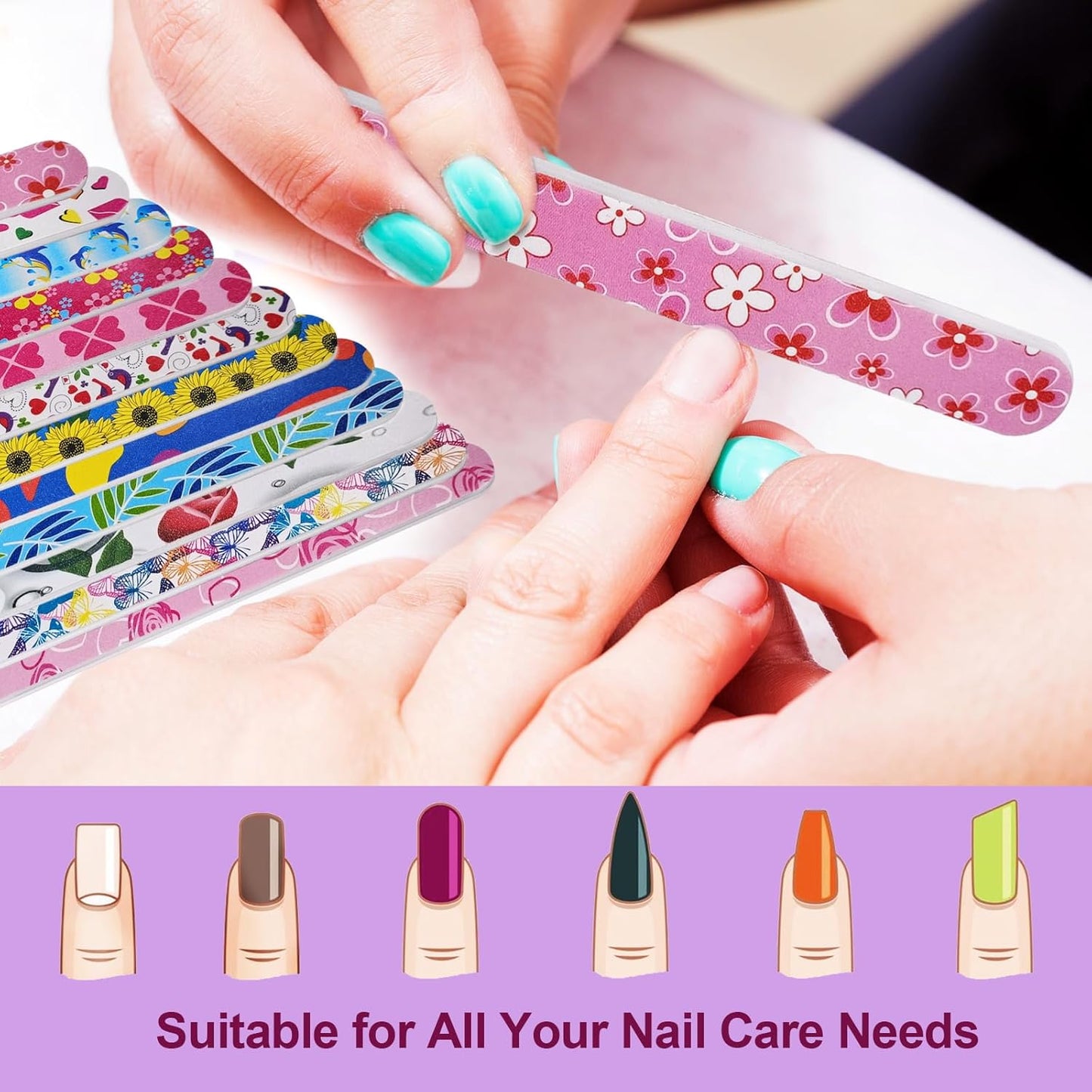 Nail Files (24 Pack), Colorful Emery Board Nail File for Natural Nails Double Sided 180 Grit Professional Fingernails Emory Boards Buffer Manicure Tool Nail Shaping Buffing Smoothing Filers Flowery