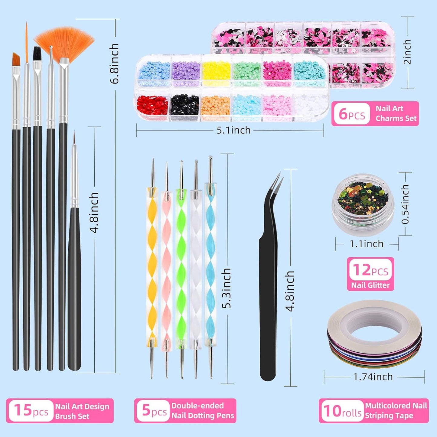 Nail Art Kit for Beginners with Nail Brushes Set and Dotting Tools, Jumbo Holographic Glitter Sequins 2-6mm Rhinestones 3D Colorful Flowers Metal Studs Striping Tape with Tweezers (04-Black)
