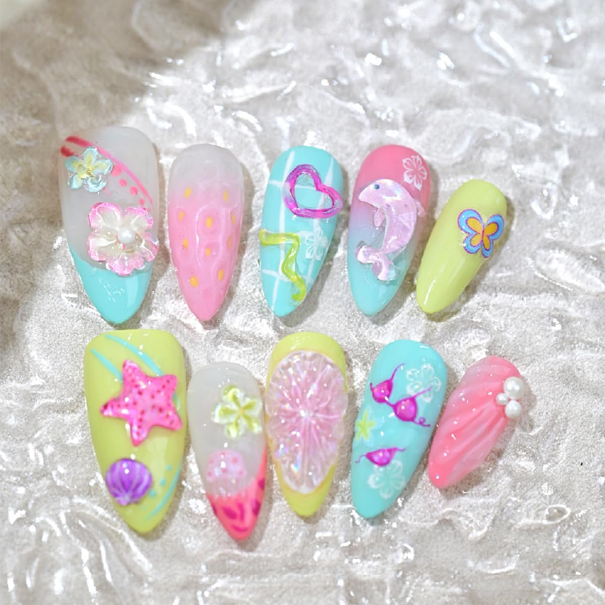 Summer Nail Stickers Ocean Shell Jellyfish Mermaid Nail Art Stickers 5D Embossed Nails Design Flowers Fruit Grapefruit Starfish Nail Decal for Women DIY Nail Decorations 1Sheets