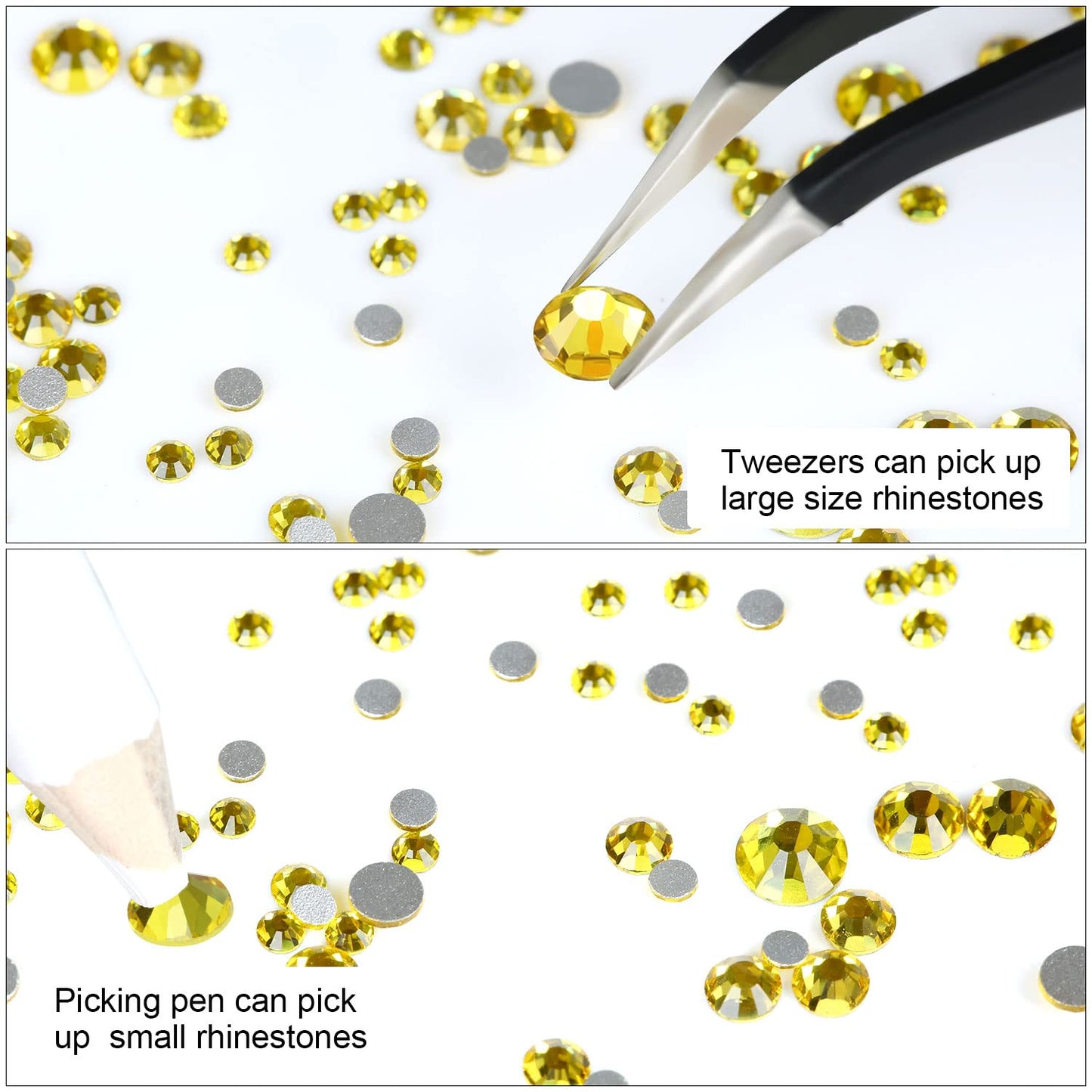 4240Pcs Flatback Yellow Rhinestones Glass Crystal Diamonds for Nail Art Crafts Tumblers Shiny Round with Tweezers and Picking Pen (SS6~SS20 Set)