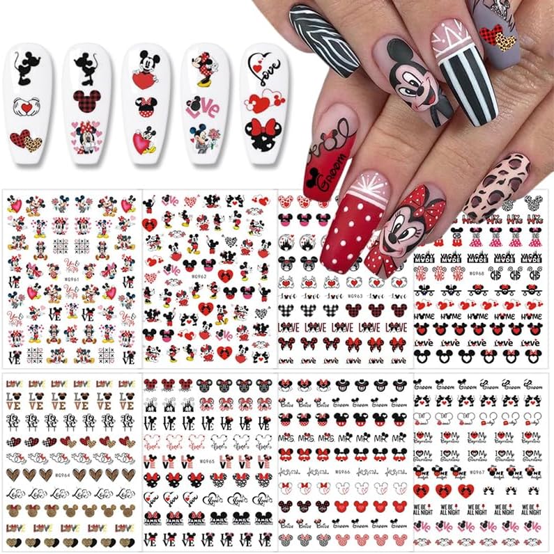 8 Sheets Cute Cartoon Nail Art Stickers Decals Romantic Valentine Day Nail Design Stickers 3D Self Adhesive Nail Art Valentines Nail Decals for Women DIY Manicure Valentine Day Party Nail Decoration