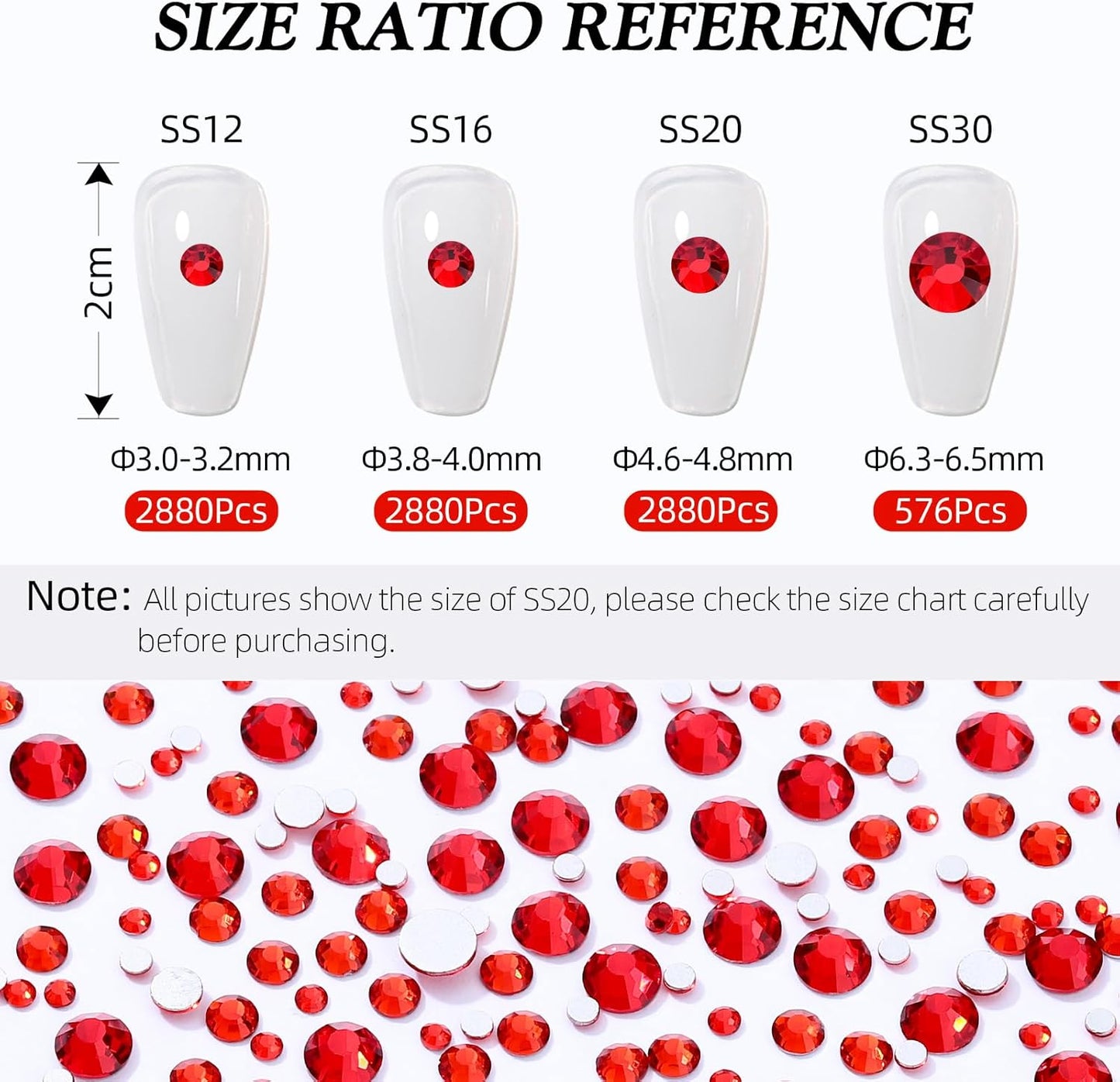 Red Flatback Rhinestones, Glass Rhinestones for Nail Art and Craft, Glue Fix, Loose Crystal Gemstones(Red, SS12, 2880pcs, 2.9-3.0mm)