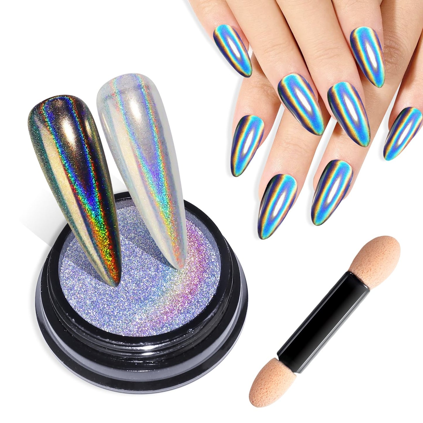 Magic Chrome Nail Powder: Iridescent Mirror Holographic Nail Powder,Metallic Pearl Effect Laser Chrome Nail Powde r for Salon Home Nai l Art DIY Design