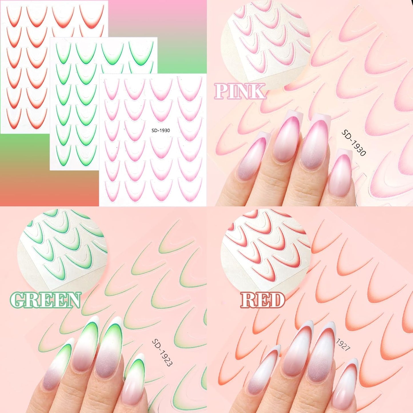 12 Sheets Colorful French Tip Nail Stickers, Gradient French Line Nail Art Stickers with Tweezer, French Tip Nail Decals 3D Self-Adhesive Nail Tips Guides for Women Manicure Decoration