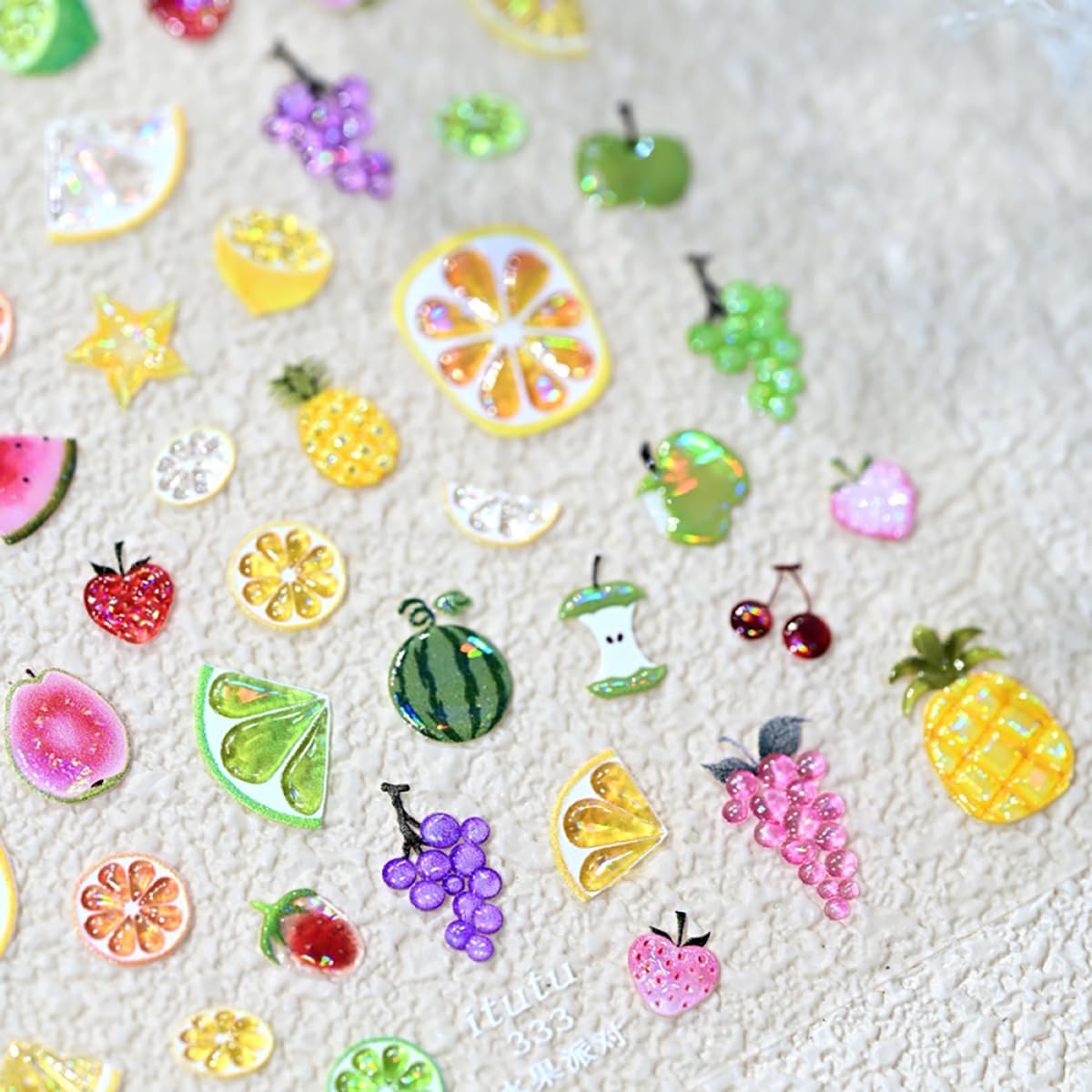 5D Embossed Summer Nail Stickers for Nail Art Self-Adhesive Fruit Nail Art Stickers Strawberry Grape Lemon Apple Cherry Nail Designs Cute Nail Decals Supplies for Women Acrylic DIY Nails Decoration