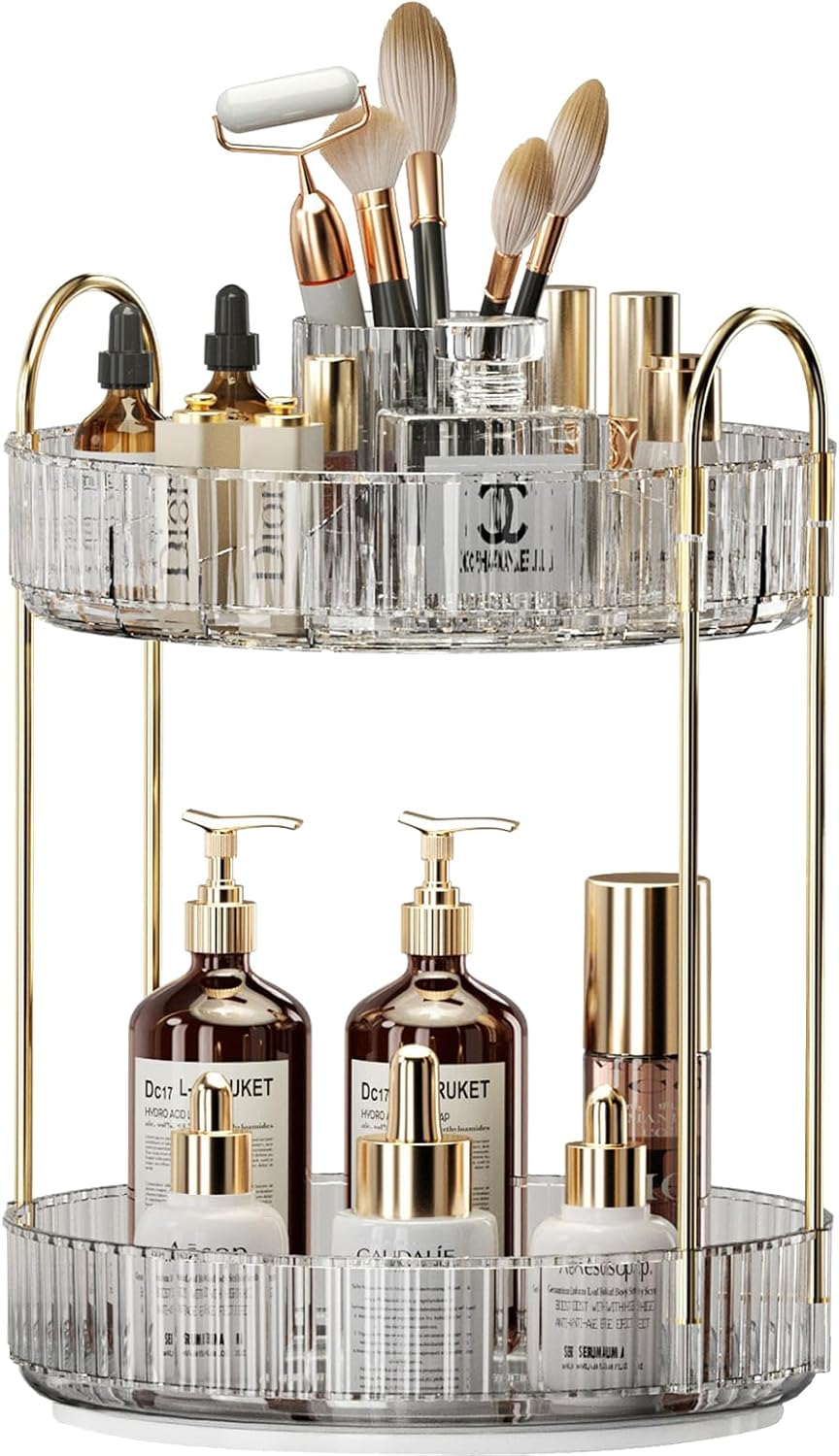 360° Rotating Makeup Organizer, Large-Capacity Skincare Make Up Storage 2 Tier Perfume Organizers Cosmetic Dresser Organizer with Makeup Brush Holder, Fits Bedroom, Bathroom, Vanity Shelf Countertop