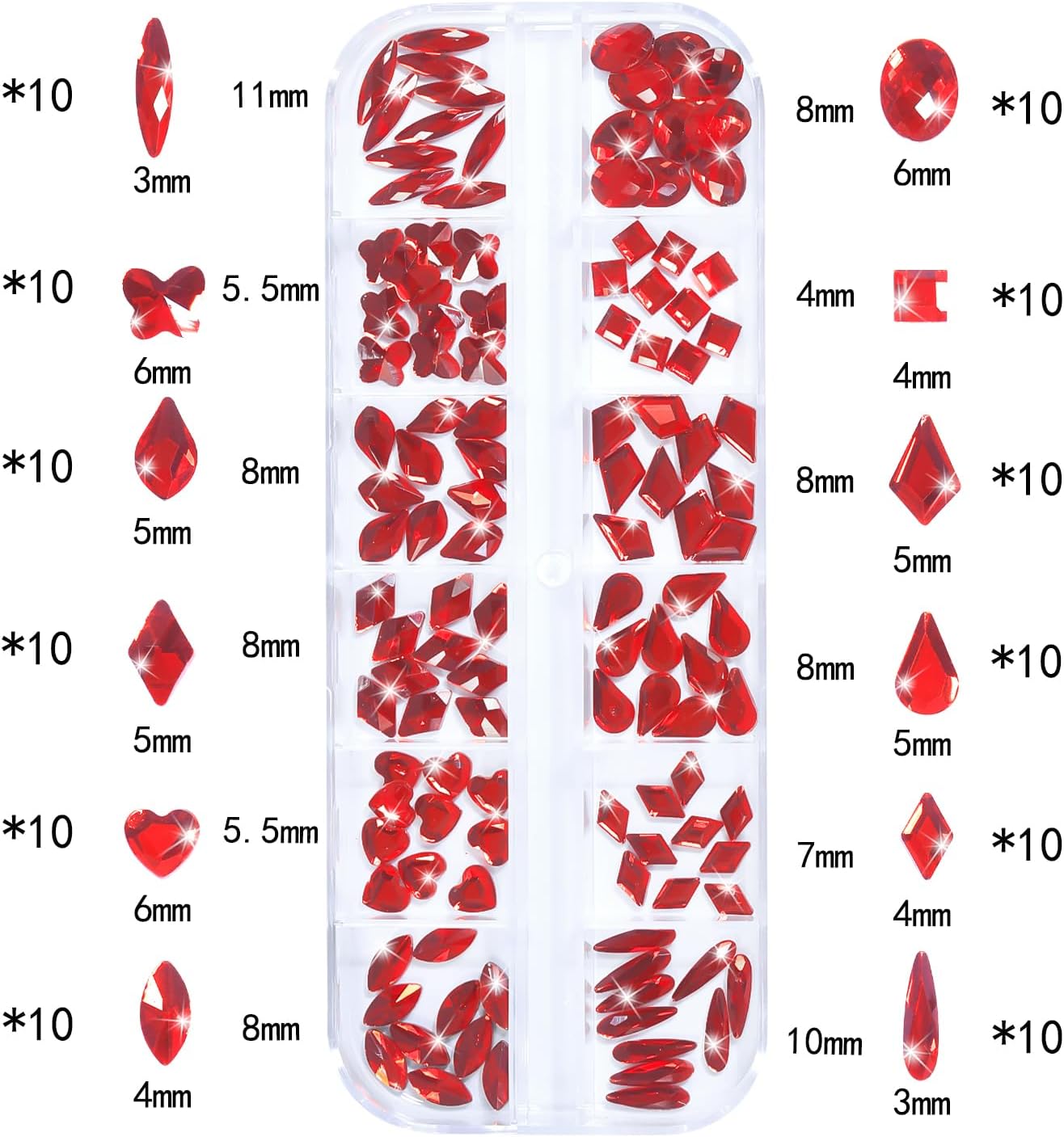 Nail Rhinestones - 3D Multi Shape Size, Flat Back, Crystals Manicure Rhinestones Charms, Red Nail Gems, with Kit, for Nail Art, Bedazzling Acrylic Nails, DIY Decor