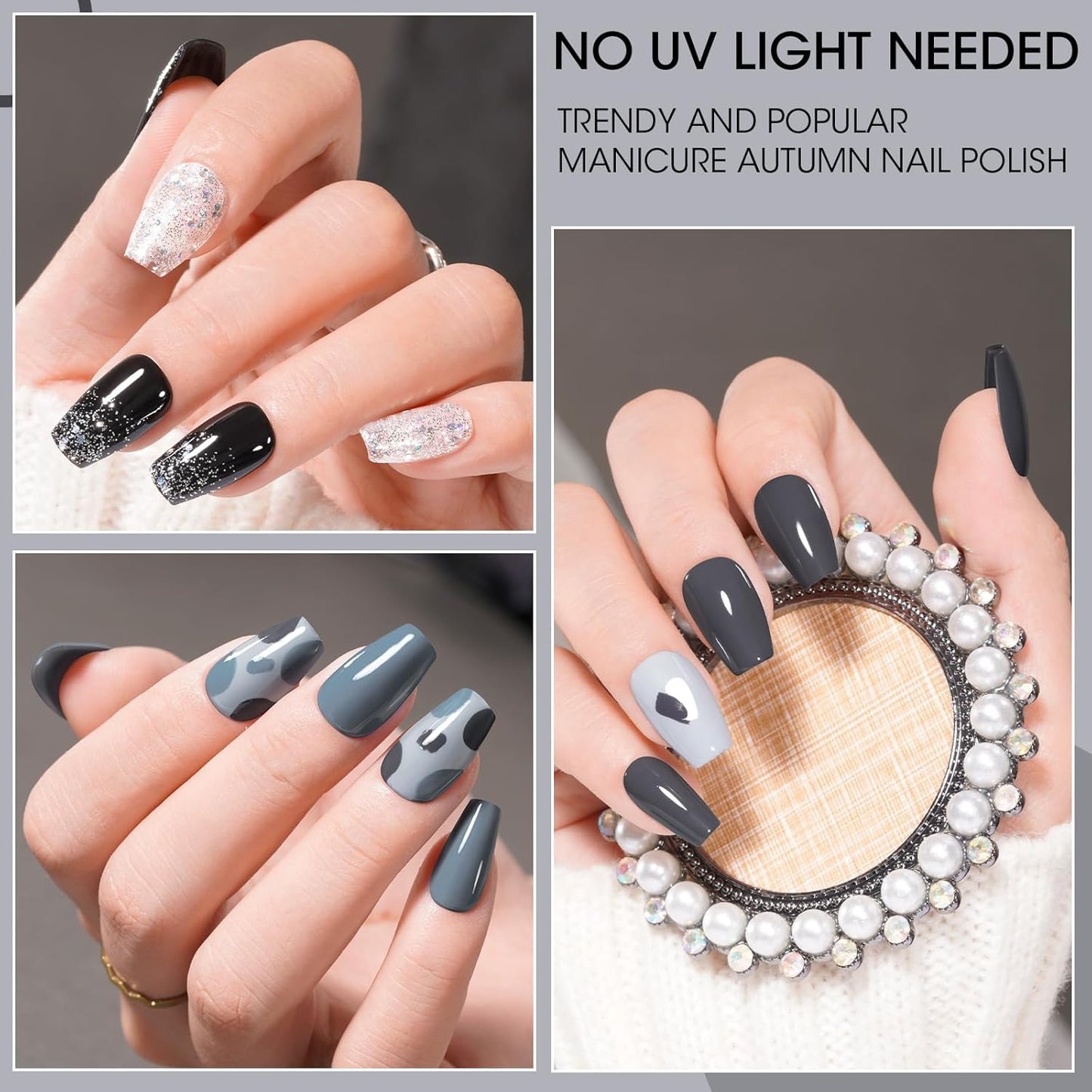 GELLEN Black White Gray Nail Polish Set, Quick Dry Natural Traditional Regular Nail Polish Fall Winter 6 Colors for Fingernails Toe Nails Home Salon, Not UV Gel, Hema Free, Toxin Free