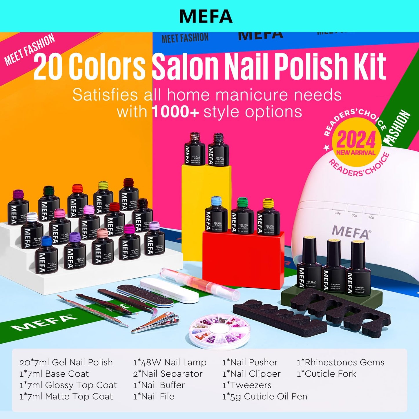 MEFA 34 Pcs Gel Nail Polish Kit with U V Light 48W, 20 Colors All Seasons Collection Pink Purple Gel Nail Polish Set with Base and Matte/Glossy Top Coat Nail Art Manicure Tools DIY Salon Home
