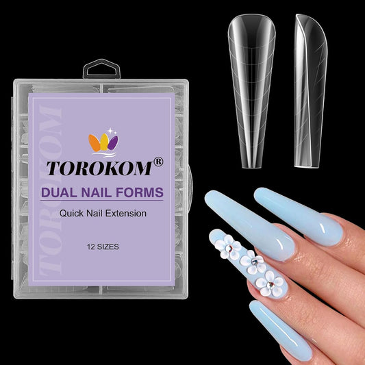 TOROKOM 120Pcs Poly Extension Gel Dual Forms Clear Tips Set - Acrylic False Nails With 12 Sizes Square Stiletto Gel Forms Full Cover Reusable Molds