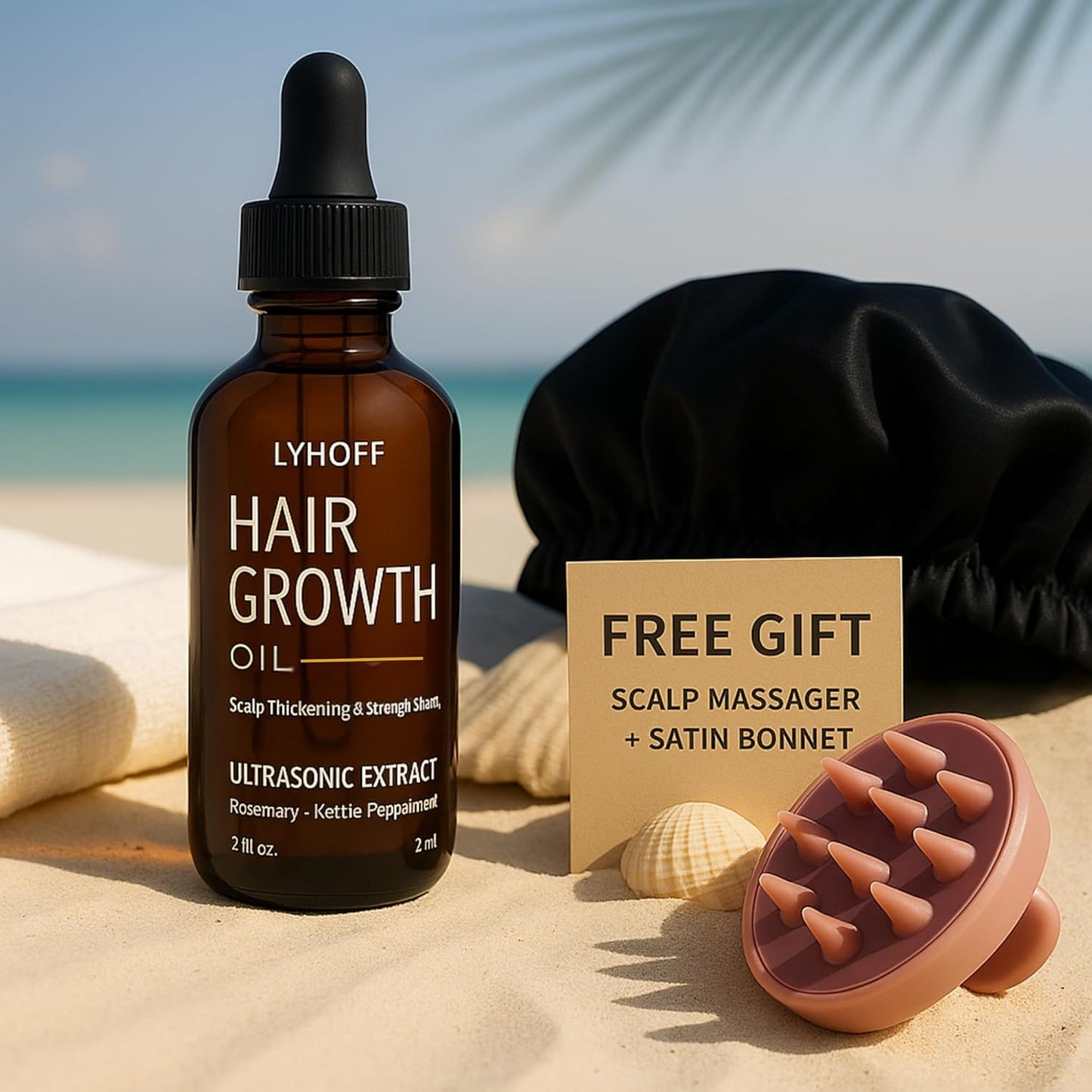 Hair Growth Oil with Ultrasonic Micronized Rosemary, Nettle & Jojoba Oil – Deep Absorption Treatment for Hair Regrowth & Thinning Hair – Vegan, Chemical-Free – Bonnet & Massager Included – 2oz