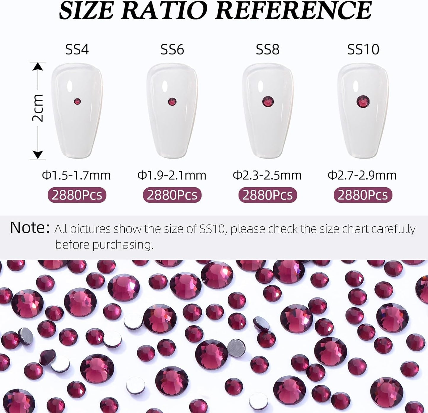 Purple Flatback Rhinestones, Glass Rhinestones for Nail Art and Craft, Glue Fix, Loose Crystal Gemstones(Purple, SS6, 2880pcs, 1.9-2.0mm)