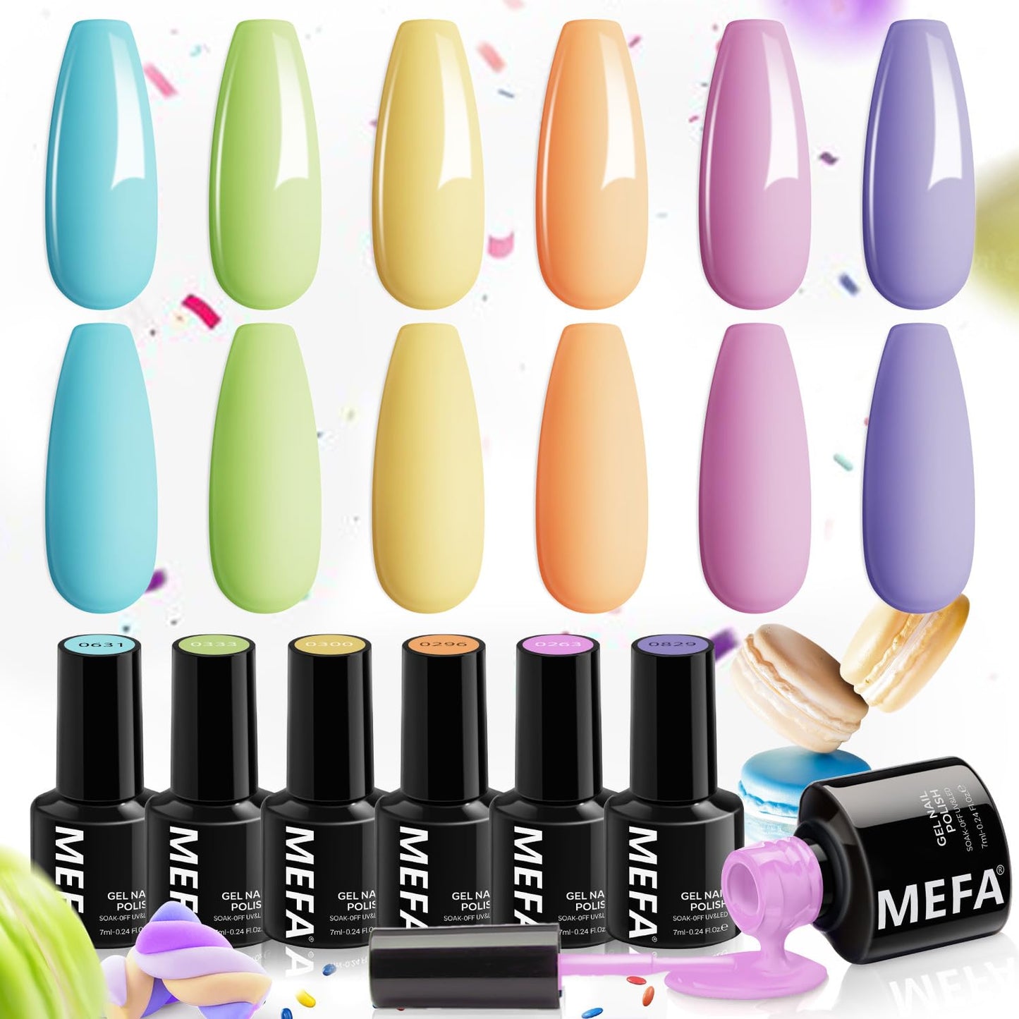 MEFA Macaron Gel Nail Polish Set 6 Colors, Spring Summer Pastel Soft Green Light Blue Coral Peach Lilac Purple Pale Creamy Shades Popular Nail Art Design Salon at Home DIY Manicure Gifts for Women