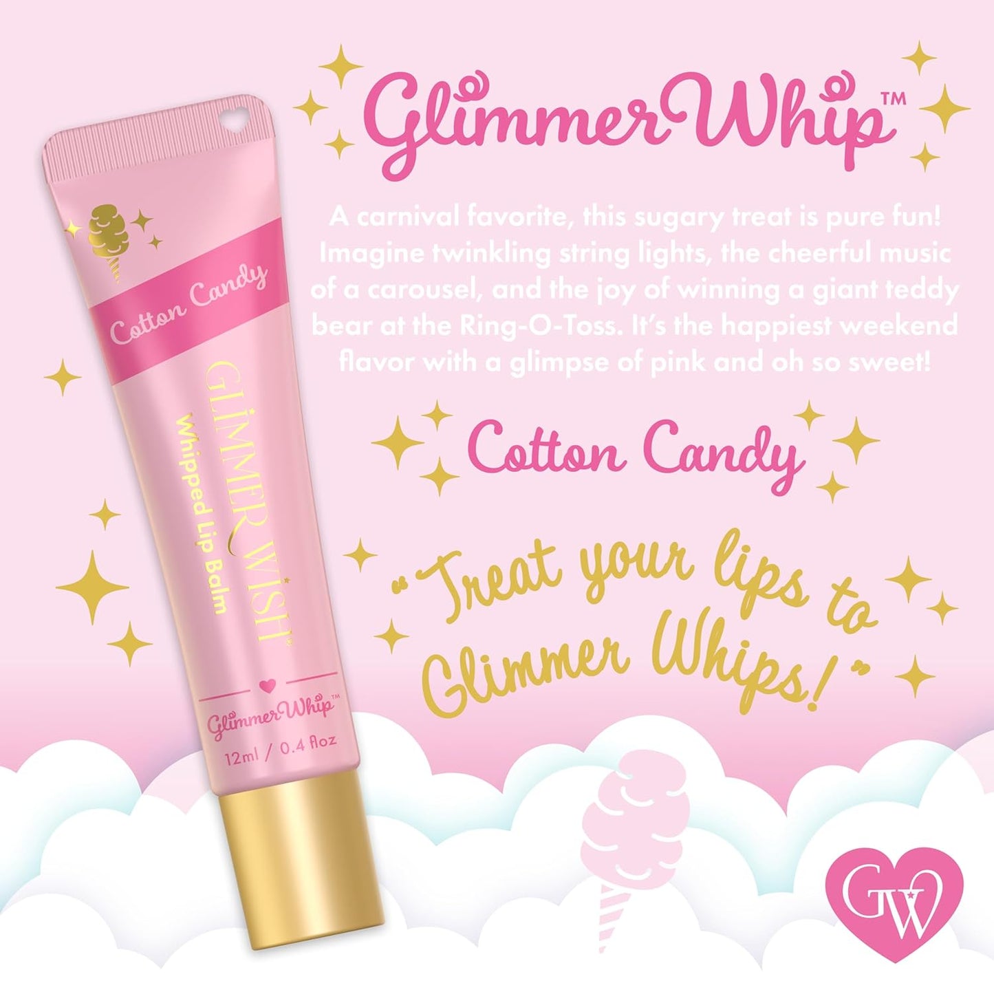 Glimmer Wish Glimmer Whip Hydrating Lip Balm – Organic Castor & Jojoba Oils, Shea & Cocoa Butters – Vegan, Non-Toxic, Moisturizing Lip Care (Cotton Candy)