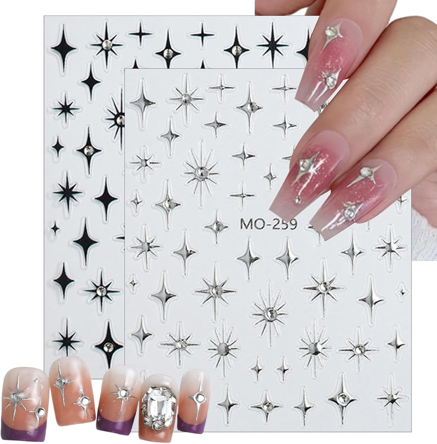 6Sheets Rhinestones Star Nail Art Stickers,3D Self-Adhesive Glitter Gold Silver White Black Stars Nail Art Design Decals Star Stickers for Acrylic Nails Art for Women Girls DIY Manicure Decorations