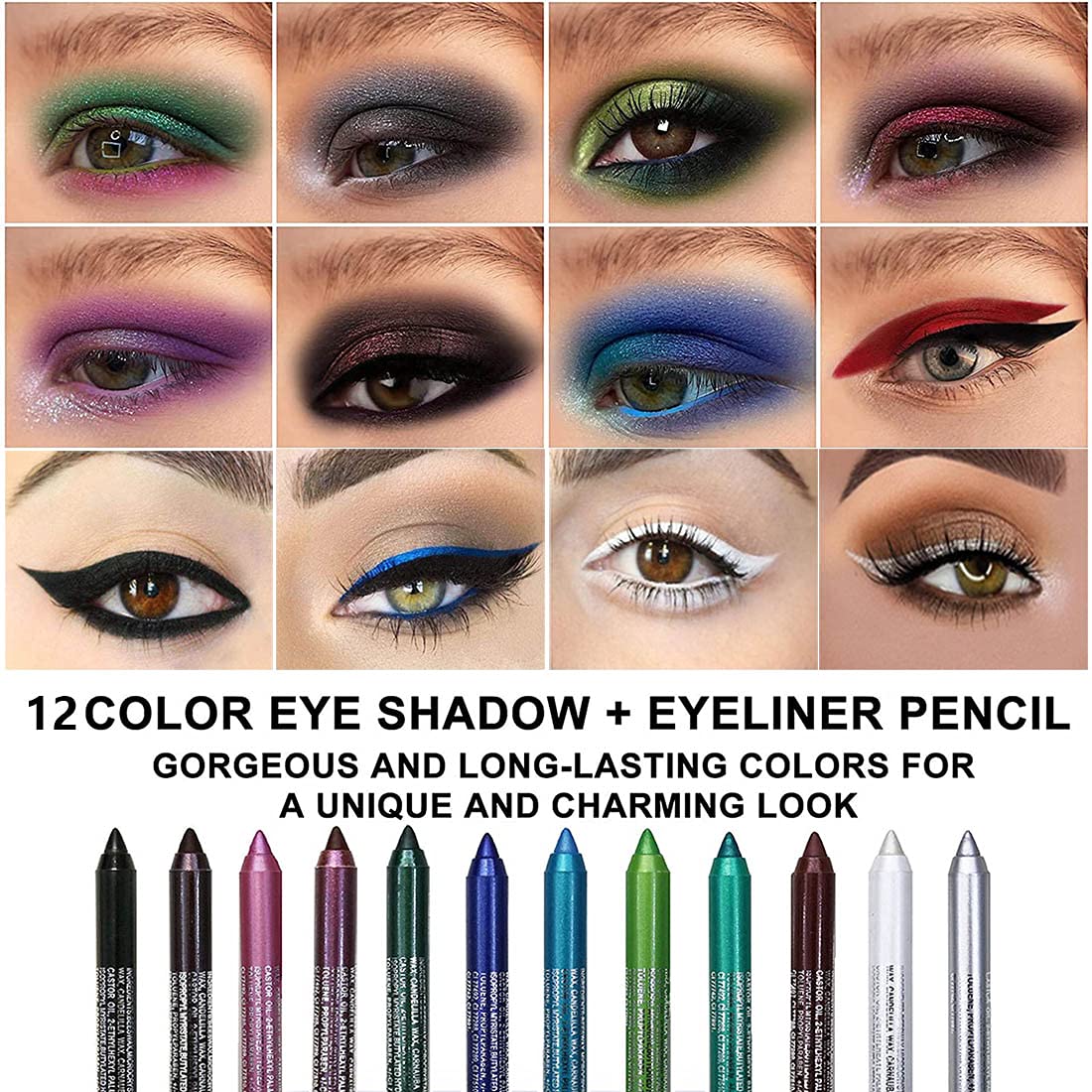 evpct 12Pcs Green Blue White Black Brown Purple Color Gel Glitter Eyeliner Pencils Set for Women Waterline Waterproof Smudge Proof lapiz de ojos delineador de ojos contra el agua Eye Liner Makeup 1