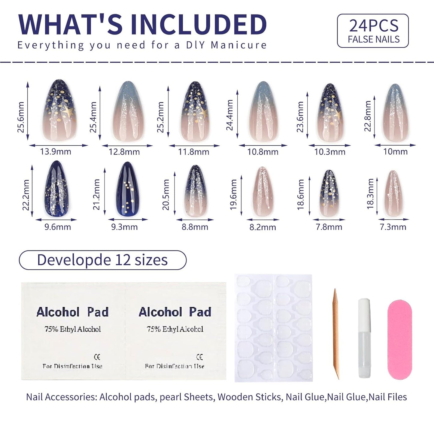 Ombre Press On Nails medium, Almond Fake Nails Featuring a Nude-to-Blue Gradient and accented with golden glitte, Glossy Finish Acrylic Nails, Reusable Glue On Nails for Women, 24Pcs, Golden Tide