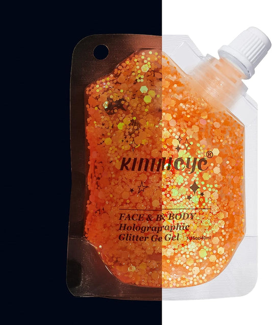 Holographic Face Glitter Gel Body Shimmer Makeup for for Hair, Face, Clavicle, Arm, Nail, Eyeshadow, Long Lasting Waterproof Mermaid Sequins Party Glitter for Rave Festival, 1.35oz (Luminous Orange)