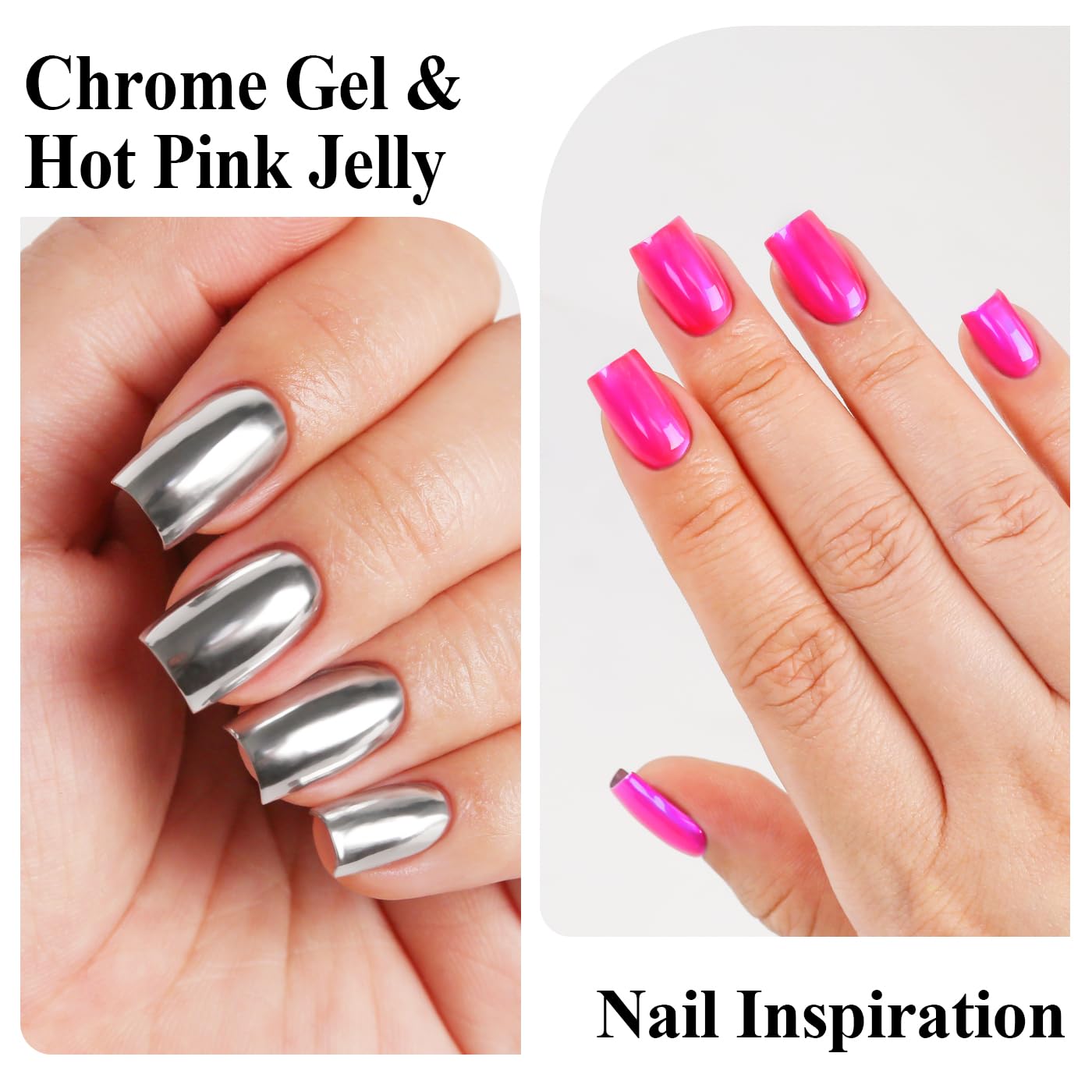 Imtiti Metallic Gel Nail Polish Set, 2 Pcs 10ml Chrome Mirror Shine gel polish & Hot Pink Jelly GEl POlish Soak Off UV LED Spring Summer Nail Art Manicure Salon DIY Design Kit