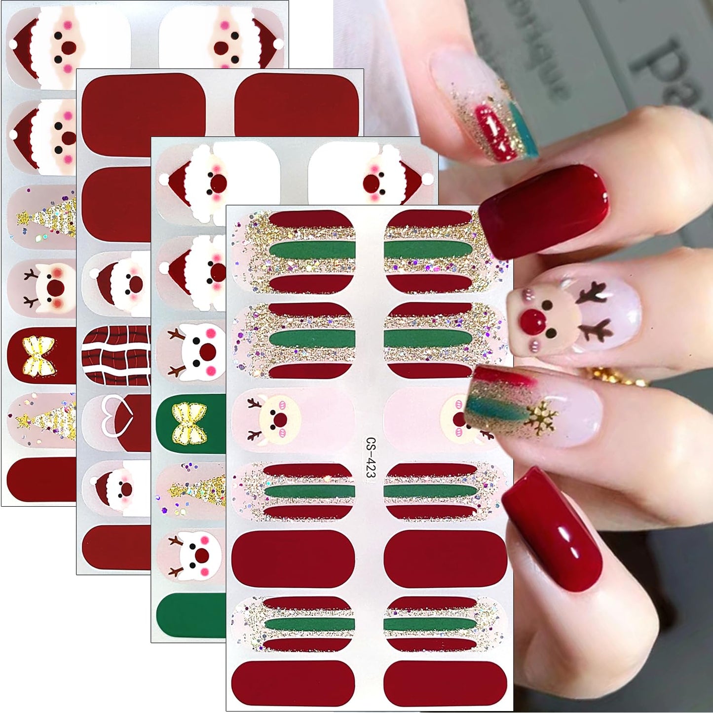 Christmas Gel Nail Strips Stickers Santa Claus Gel Nail Stickers Cute Reindeer Gold Glitter Xmas Trees Design Christmas Full Wrap Winter Gel Nail Decals for Women DIY New Year French Manicure 4Sheets