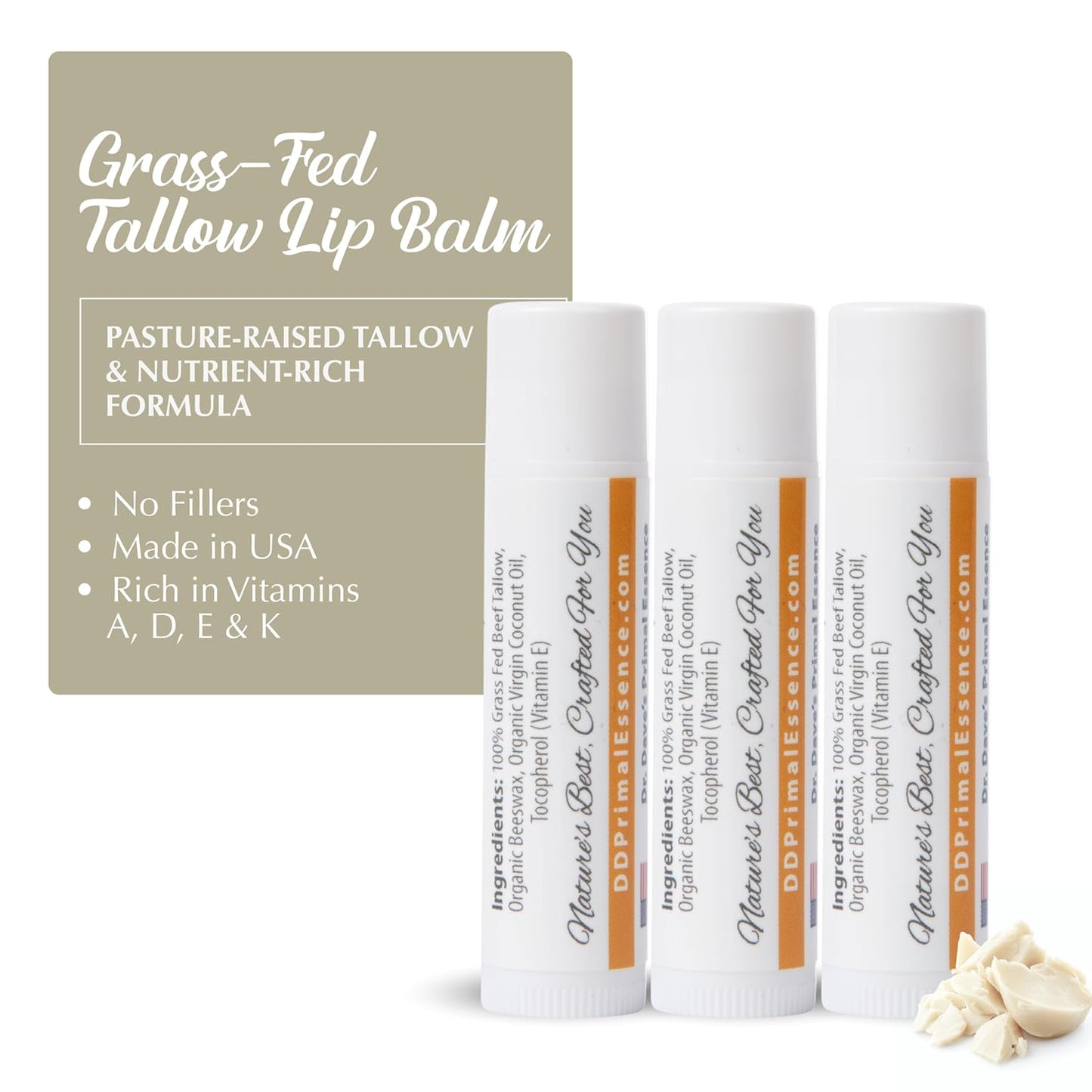 Moisturizing Tallow Lip Balm – Grass-Fed Beef Tallow with Organic Coconut Oil, Beeswax, and Vitamin E – Unscented Lip Balm Set – Travel Essential - 3-Pack