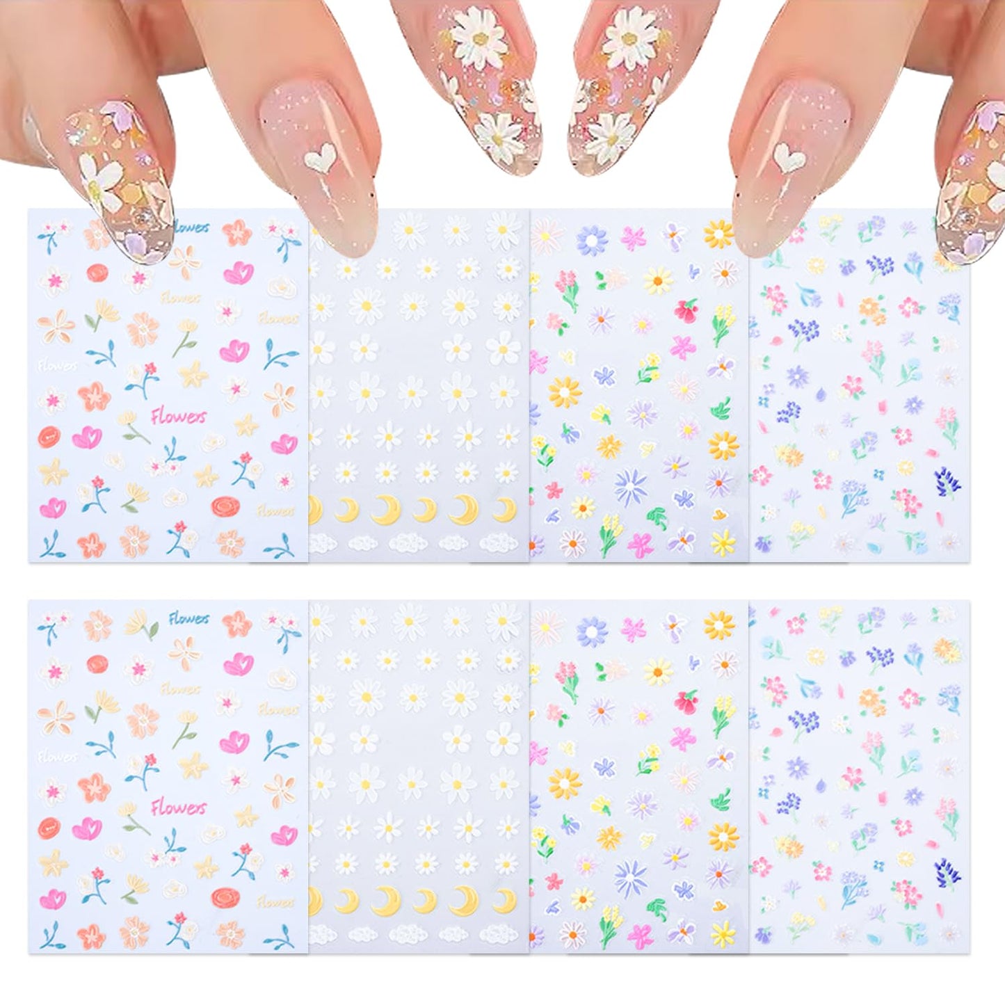 SILPECWEE 8 Sheets Flower Nail Art Stickers 3D Flower Daisy Nail Stickers Self-Adhesive Nail Design Stickers Spring Nail Decals for Nail Art Decoration Accessories