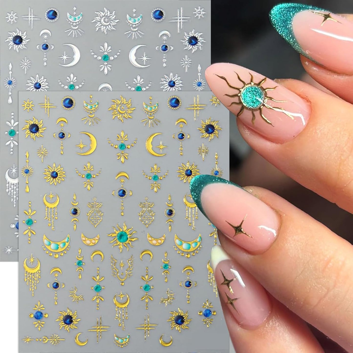 5D Nail Stickers for Nail Art Sun Moon Nail Decals Shiny Bohemian Style Nail Art Supplies Luxury Silver Gold Flower Star Moon Sun Nail Adhesive Stickers Fall DIY Manicure Supplies for Women 4PCS