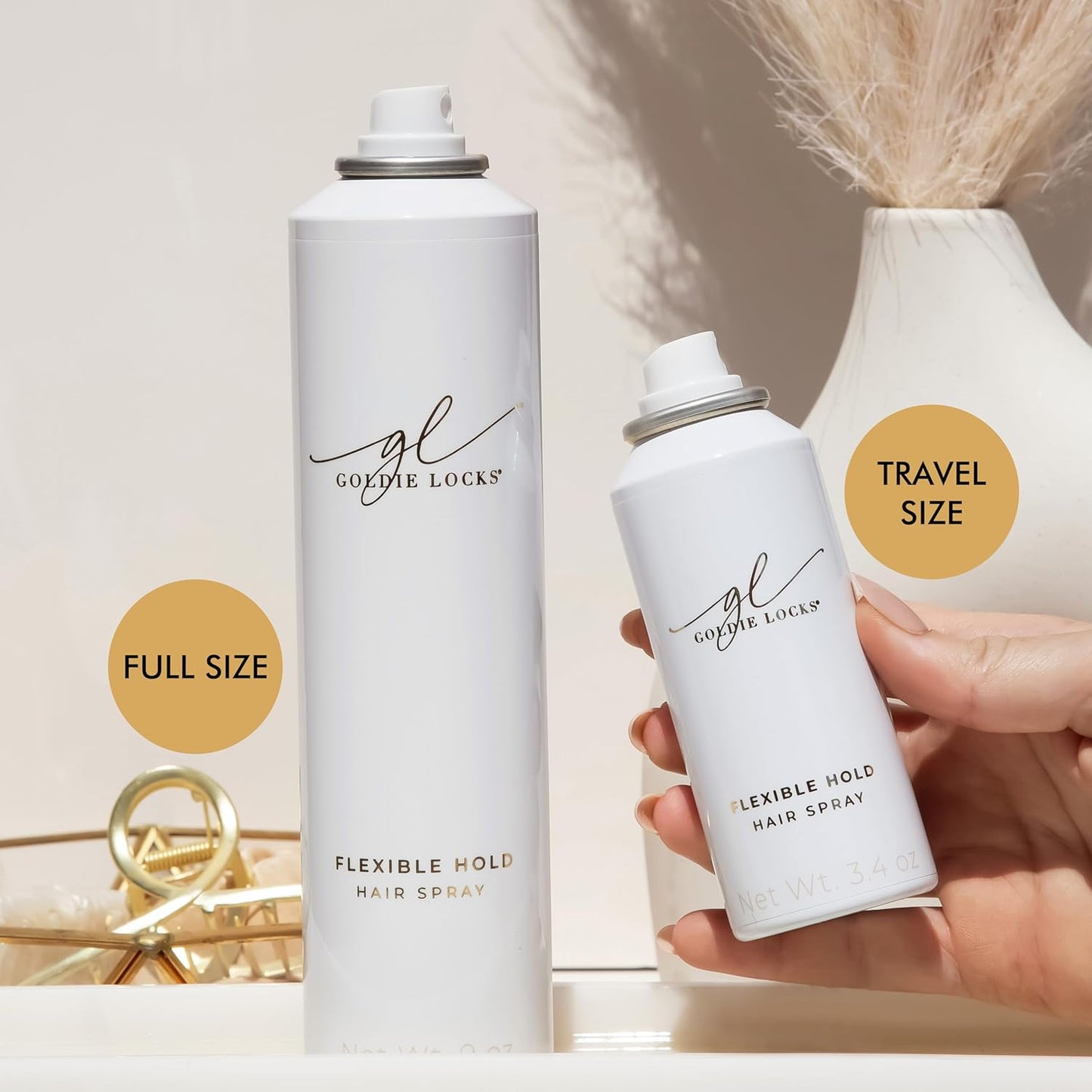 Goldie Locks Travel Size Flexible Hold Hairspray - 3.4 fl oz - Lightweight, All-Day Hold & Brushable Finish - Humidity Resistant - Safe for Extensions & Color-Treated Hair - Protein-Free