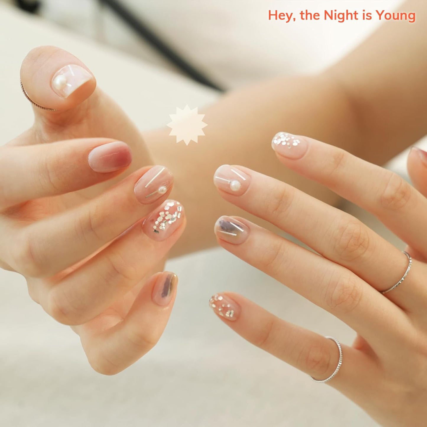Semi Cured Gel Nail Strips | No LED Lamp Needed | Glam, Pink, Spring | Easy Apply & Remove, Salon Quality | Includes 28 Strips, 1 Prep Pads, Nail File & Wooden Stick - Hey, The Night is Young