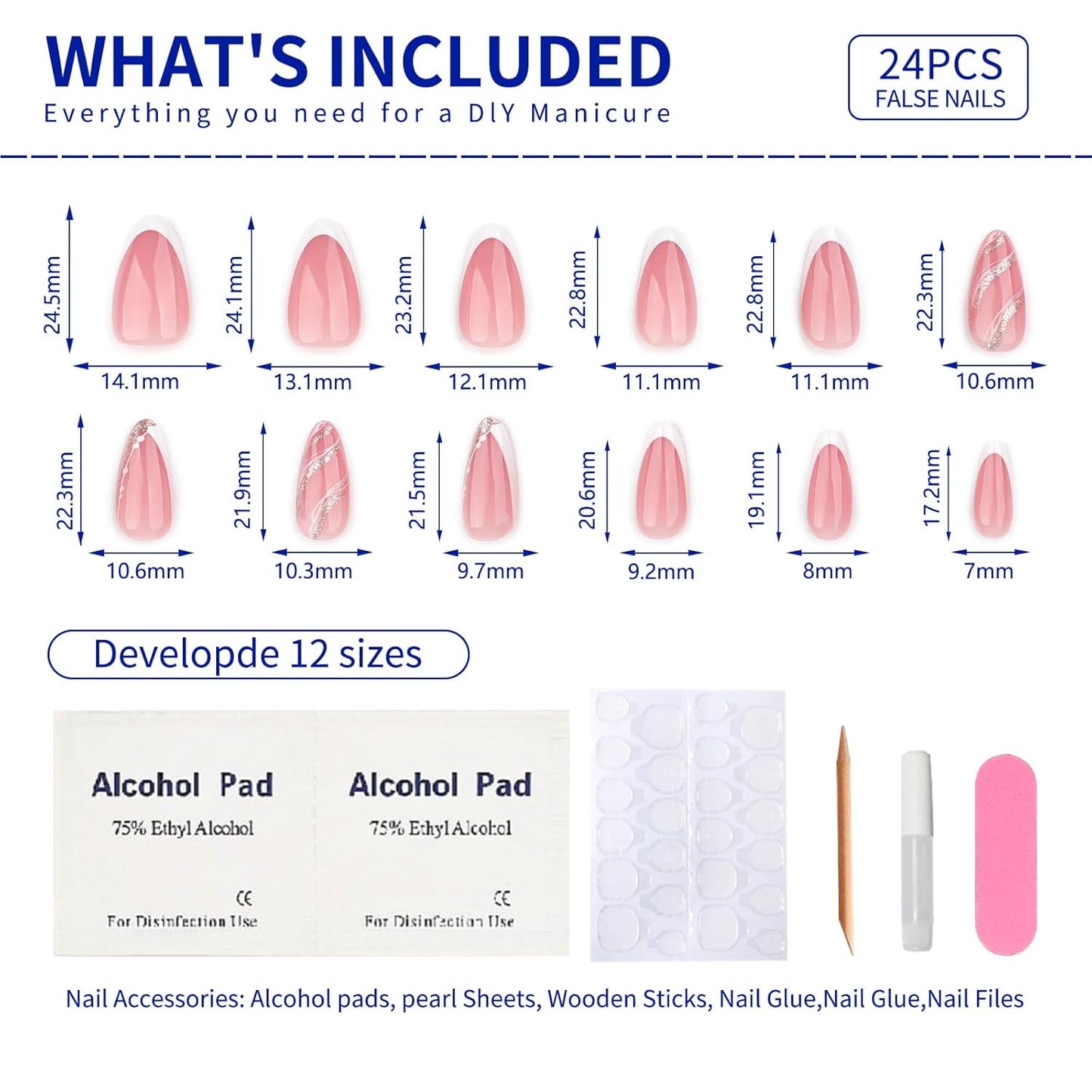 French Press On Nails Short Almond, Nude Fake Nails with White French Tip and Minimalist Gold Line Design, Glossy Gel Finish Acrylic Nails, Natural Reusable Glue On Nails Kit for Women, Luxe Line