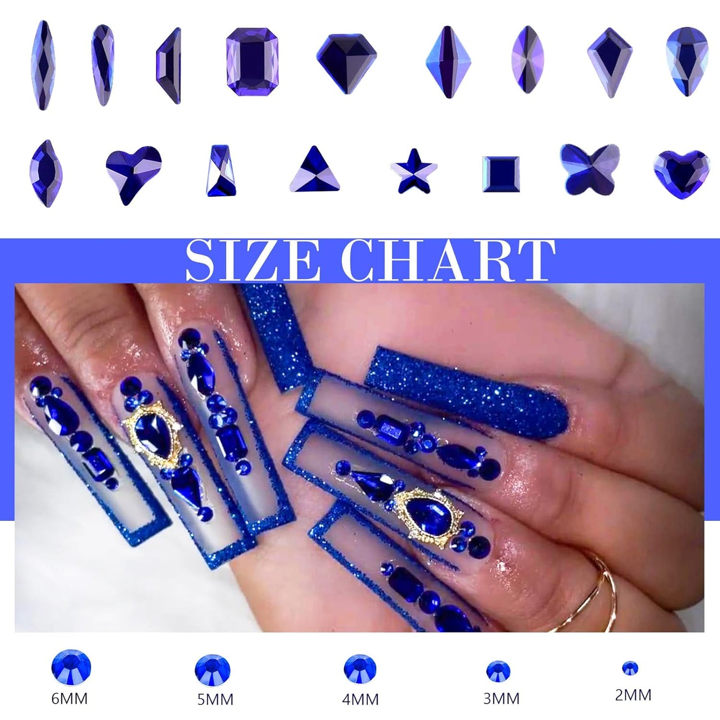 Canvalite 2900Pcs Blue Rhinestones for Nails, 18 Styles Multi Shape Nail Charms and Gems Shiny Glass Crystal Flatback Nail Rhinestones Set for Nail Art with Rhinestone Picker and Tweezers