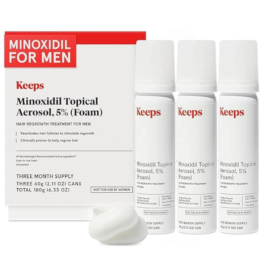 Keeps Extra Strength Minoxidil for Men Topical Aerosol Foam 5%, Hair Growth Treatment - 3 Month Supply (3 x 2.11oz Bottles) - Thicker, Longer Hair - Slows Hair Loss & Promotes Hair Regrowth