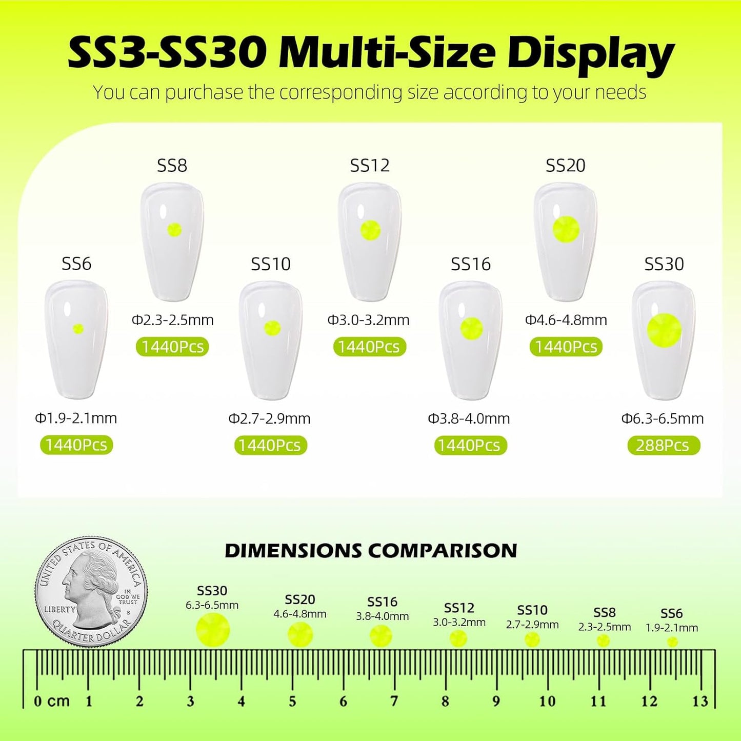 Neon Yellow Flatback Rhinestones, Glass Rhinestones for Nail Art and Craft, Glue Fix, Loose Crystal Gemstones(Neon Yellow, SS30, 288pcs, 6.4-6.6mm)