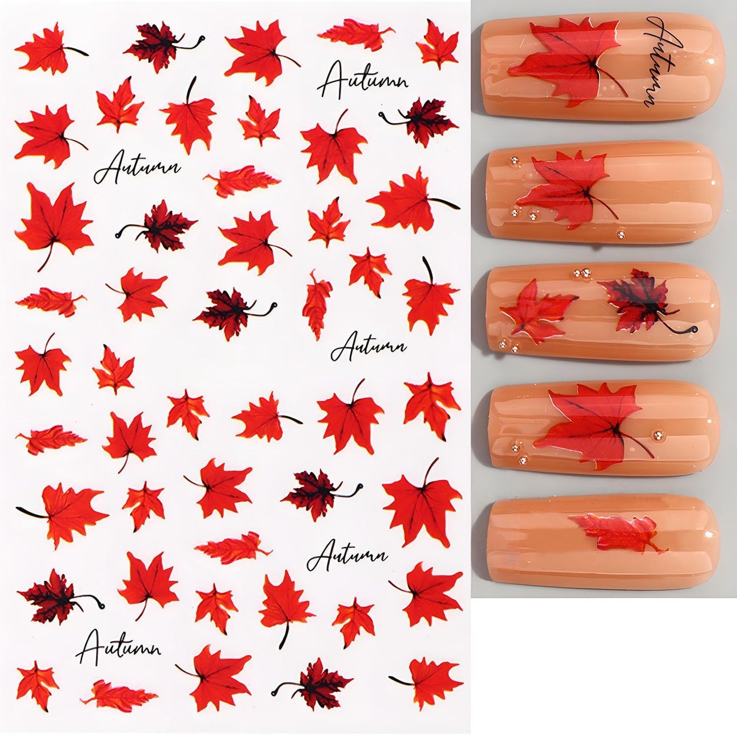 Fall Maple Leaves Nail Stickers for Thanksgiving, Fall Nail Art Decals 3D Self-Adhesive Cute Fox Pumpkin Bow Nails Stickers Nail Design 6Pcs Nail Art Supplies for Women Nail Decoration