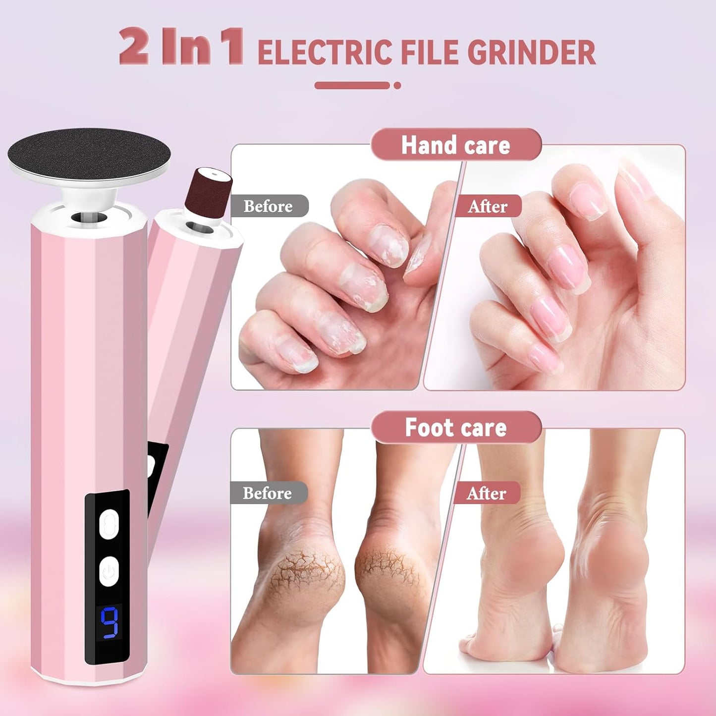 Electric Foot File 2-in-1 Foot Callus Remover with 50pcs Sandpaper Discs, Callus Remover for Feet Professional Pedicure Tool for Dead Skin and Calluses 9 Adjustable Speed/Reversible Rotation - Pink