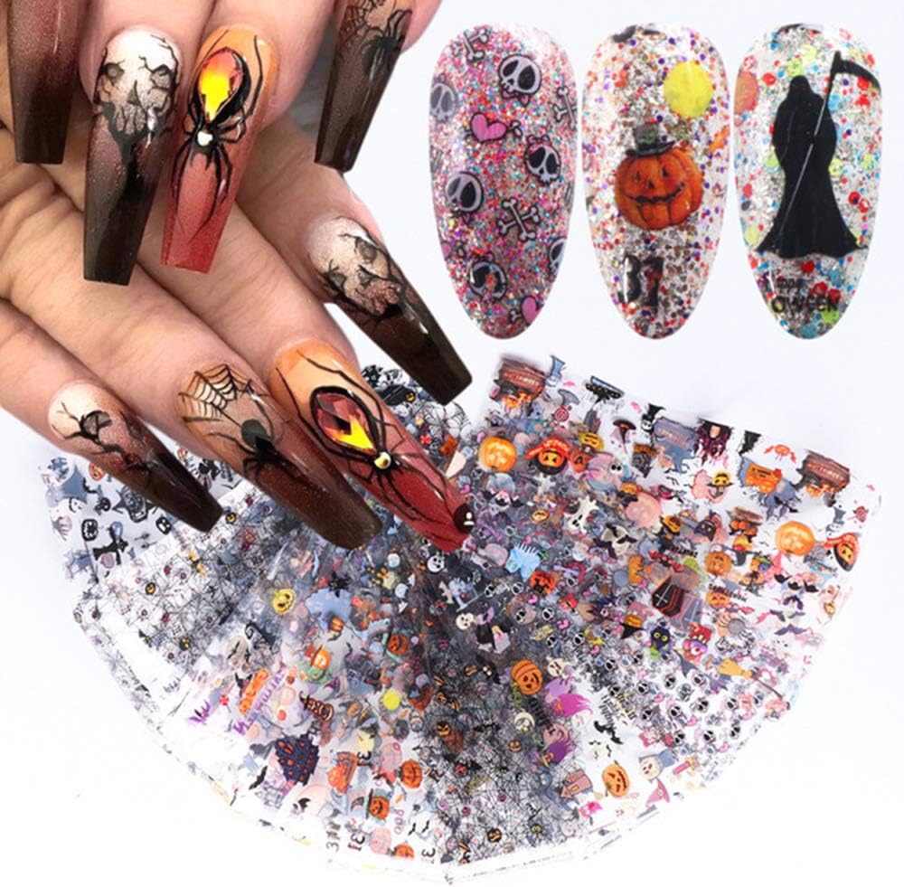 Halloween Nail Foil Set Fall Nail Decals Day of The Dead Nail Art Stickers Pumpkin Cat Designs Charms Nail Decorations DIY Transfer Paper Holographic Nail Decor Wraps Adhesive Accessory 10Pcs/Pack