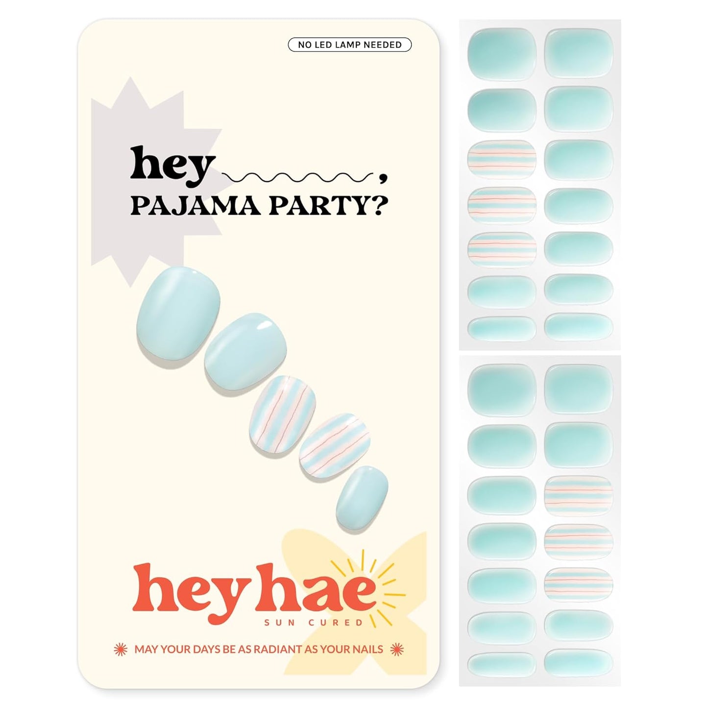 Semi Cured Gel Nail Strips | No LED Lamp Needed | Summer, Solid, Blue | Easy Apply & Remove, Salon Quality | Includes 28 Strips, 1 Prep Pads, Nail File & Wooden stick - Hey, Pajama Party?
