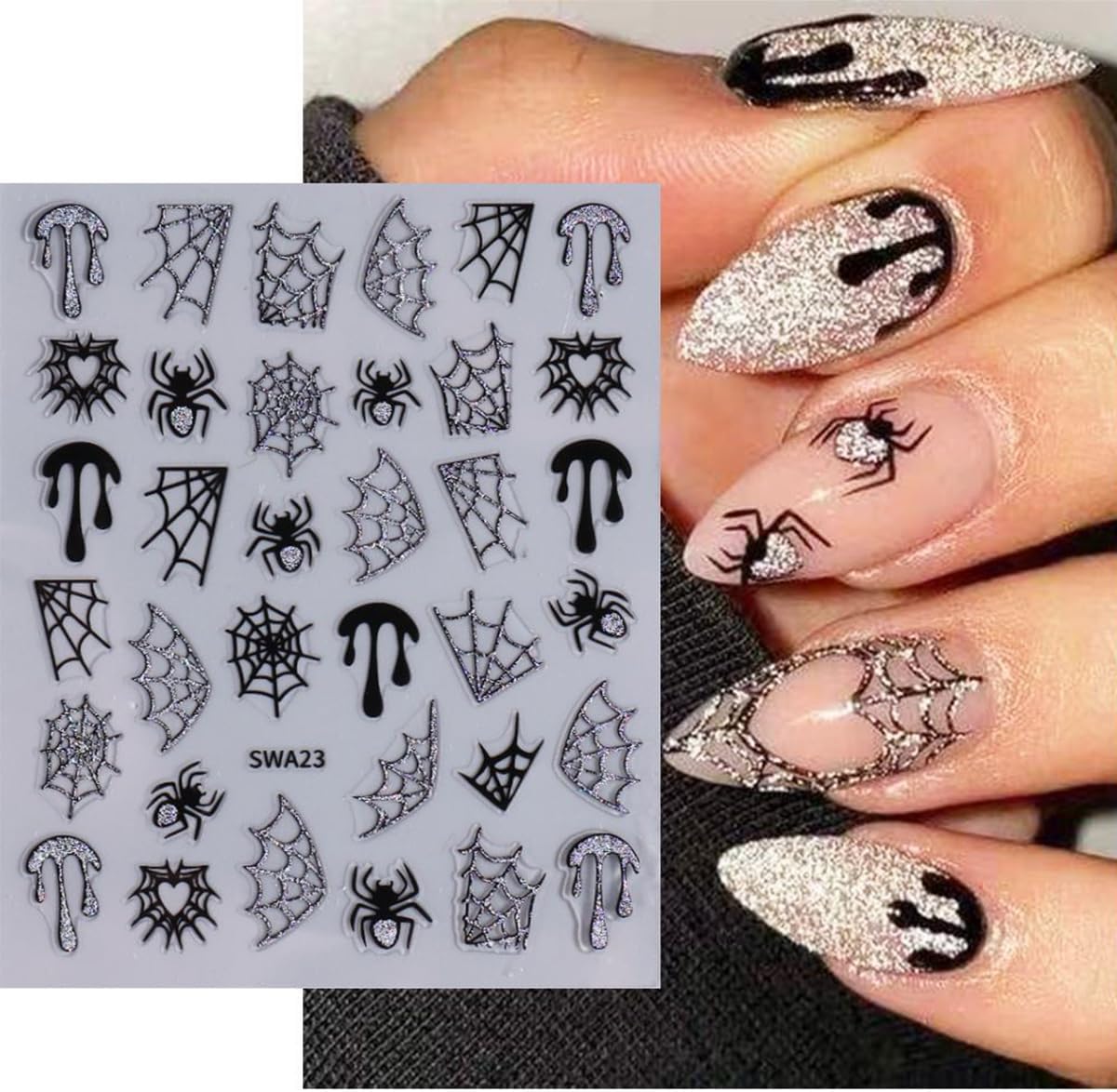 Glitter Halloween Nail Stickers for Nail Art Decoration 8Pcs Funny Spider Web Nail Art Stickers with Rhinestones Nail Design Supplies Gold Silver Blood Rose Star Spider Nail Decals for Halloween Nails