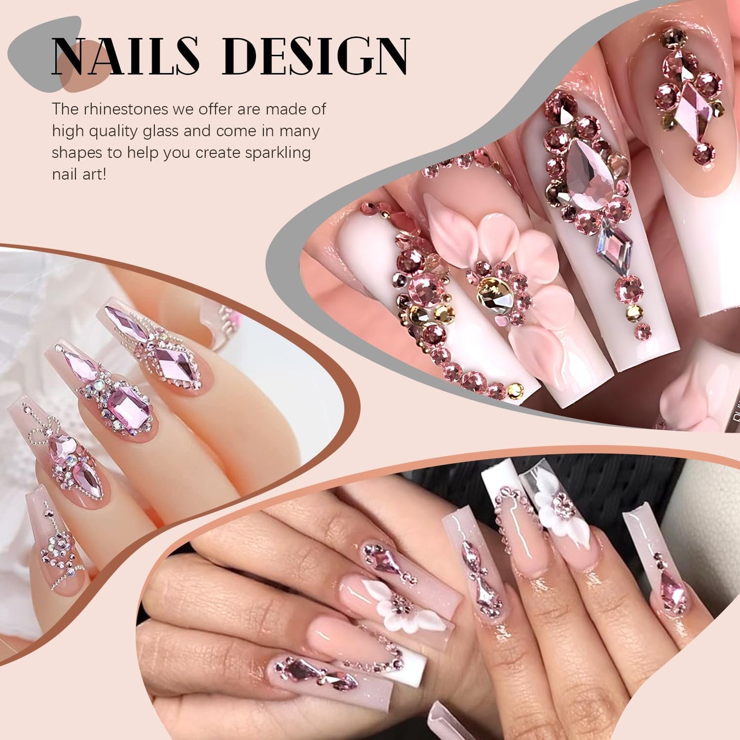 2750Pcs Pink Glass Nail Rhinestones 240Pcs Multi Shapes Flatback Nail Gems + 2510Pcs 1.5-4mm Round Crystal, Manicure Nail Charms Diamond Gemstones for Acrylic Nails Decoration