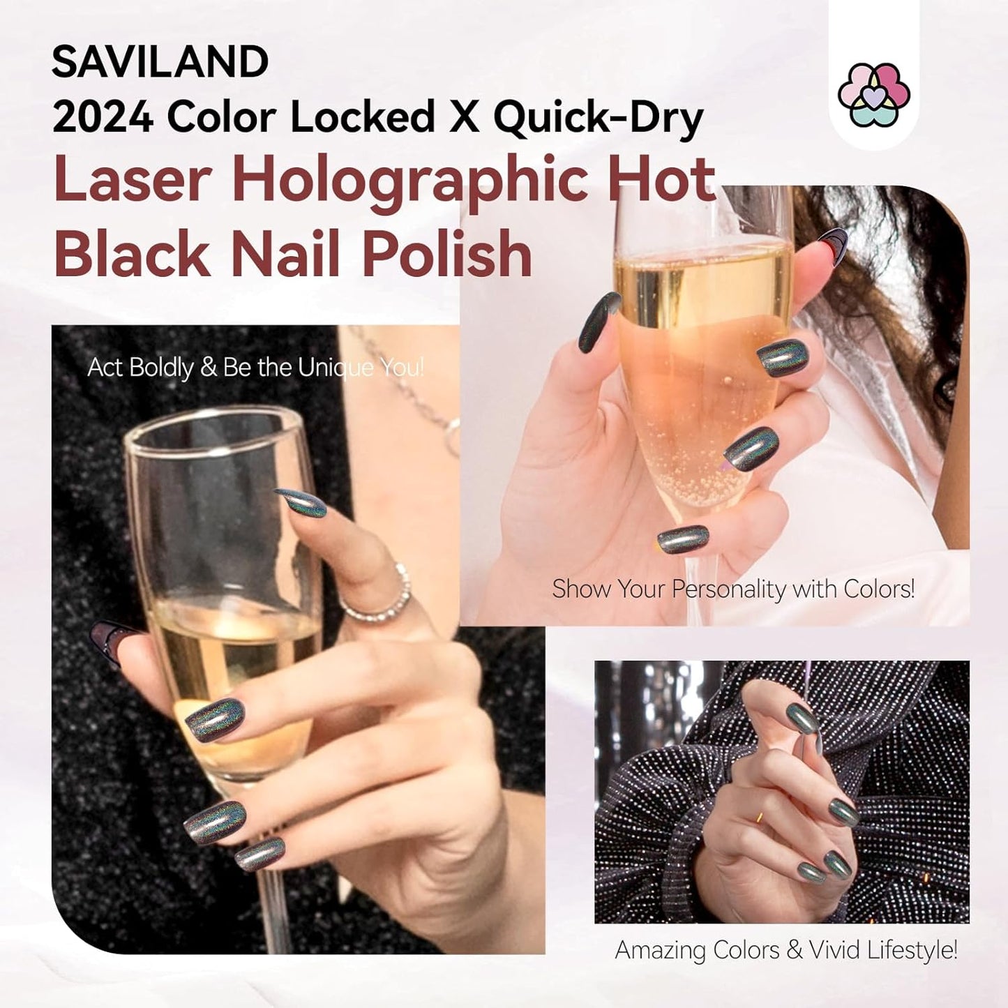 SAVILAND Holographic Black Nail Polish: Metallic Glitter Fingernail Polish Holographic Laser Plant-base Castor Oil Quick Dry Nail Polish Easy Use Remove Chrome Halo Nail Polish Beginner DIY Nail Tech