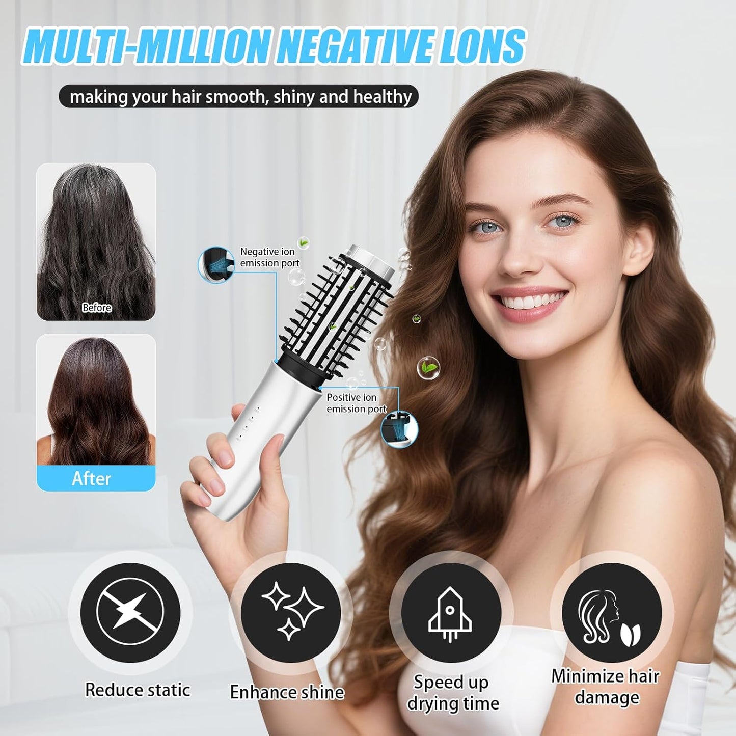 Cordless Curling Iron Brush,1.5-inch Mini Travel Curling Iron, 3-in-1 Portable Heated Round Straightening Brush, Rechargeable Curlings Irons, for Curls, Straightening, De-frizzing, and Styling, White