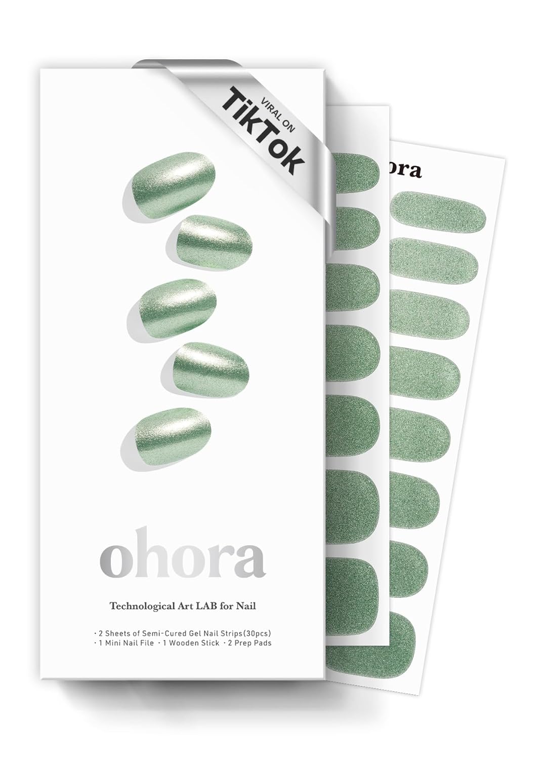 ohora Semi Cured Gel Nail Strips (N Matcha Chrome) - Works with Any Lamps, Salon-Quality, Long Lasting, Easy to Apply & Remove - Includes 2 Prep Pads, Nail File & Wooden Stick