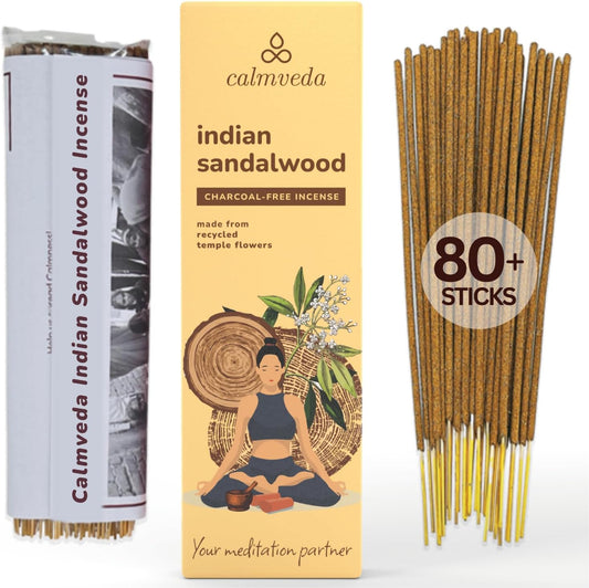 Indian Sandalwood Incense Sticks - 80 Sticks, Charcoal Free, Upcycled Flowers, All Natural, Non Toxic, Meditation & Stress Relief