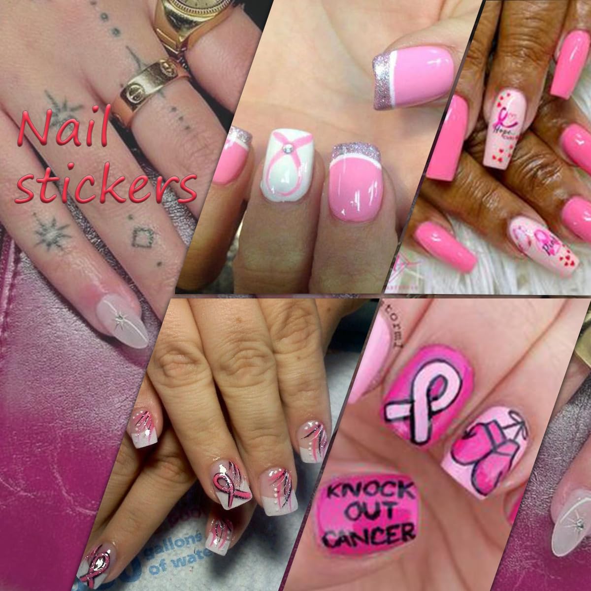 Breast Cancer Awareness Nail Decals - 4 Sheets Self-Adhesive Pink Ribbon Designs for Women DIY Supplies