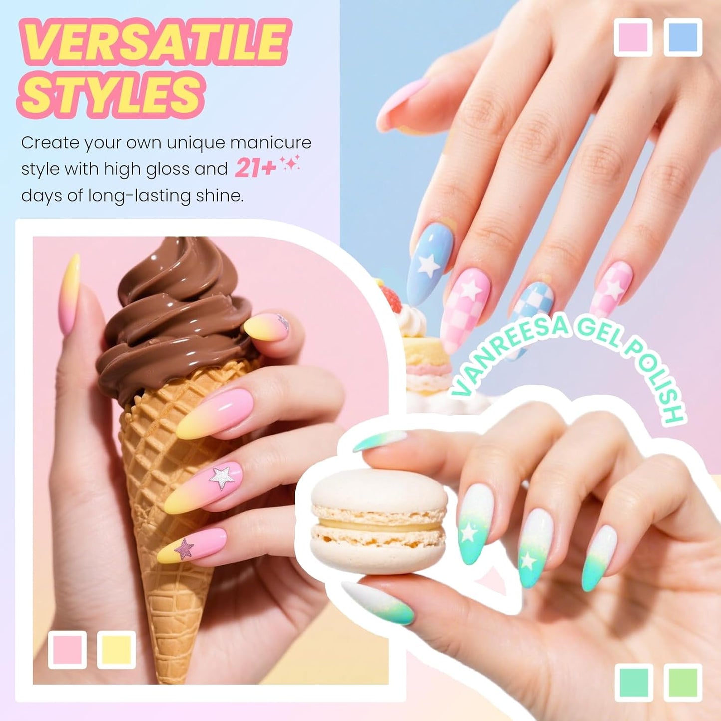 VANREESA 24 Pcs Gel Nail Polish Set, 21 Colors Gel Polish with Base Coat Glossy & Matte Top Coat Yellow Green Blue Pink Purple Orange Gel Polish Kit Nail Kit Gifts for Women Girls