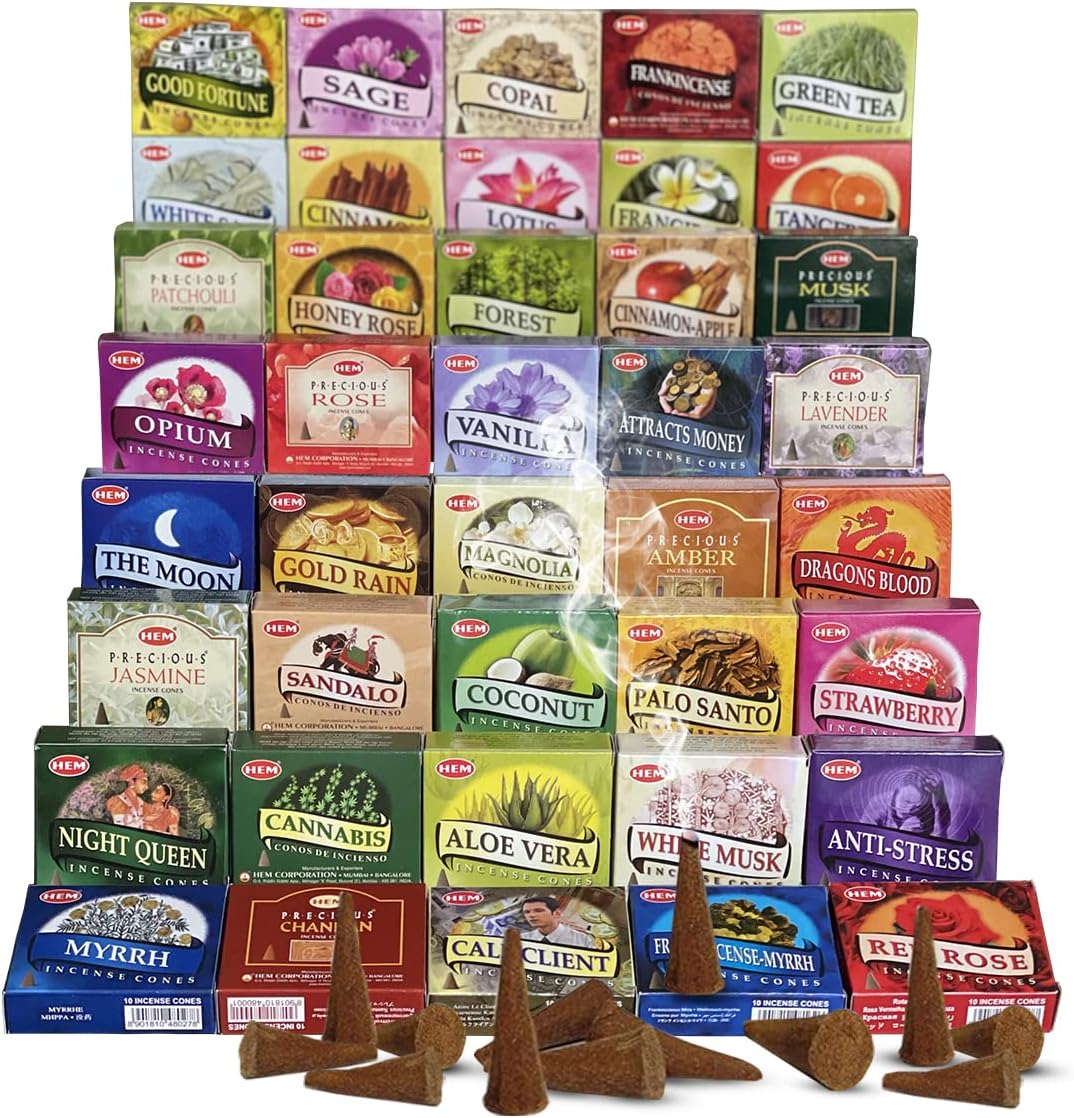 Hem Incense Cones Variety Pack of 12 Randomly Selected Fragrances and Incense Cone Holder Bundle Total 120 Cones